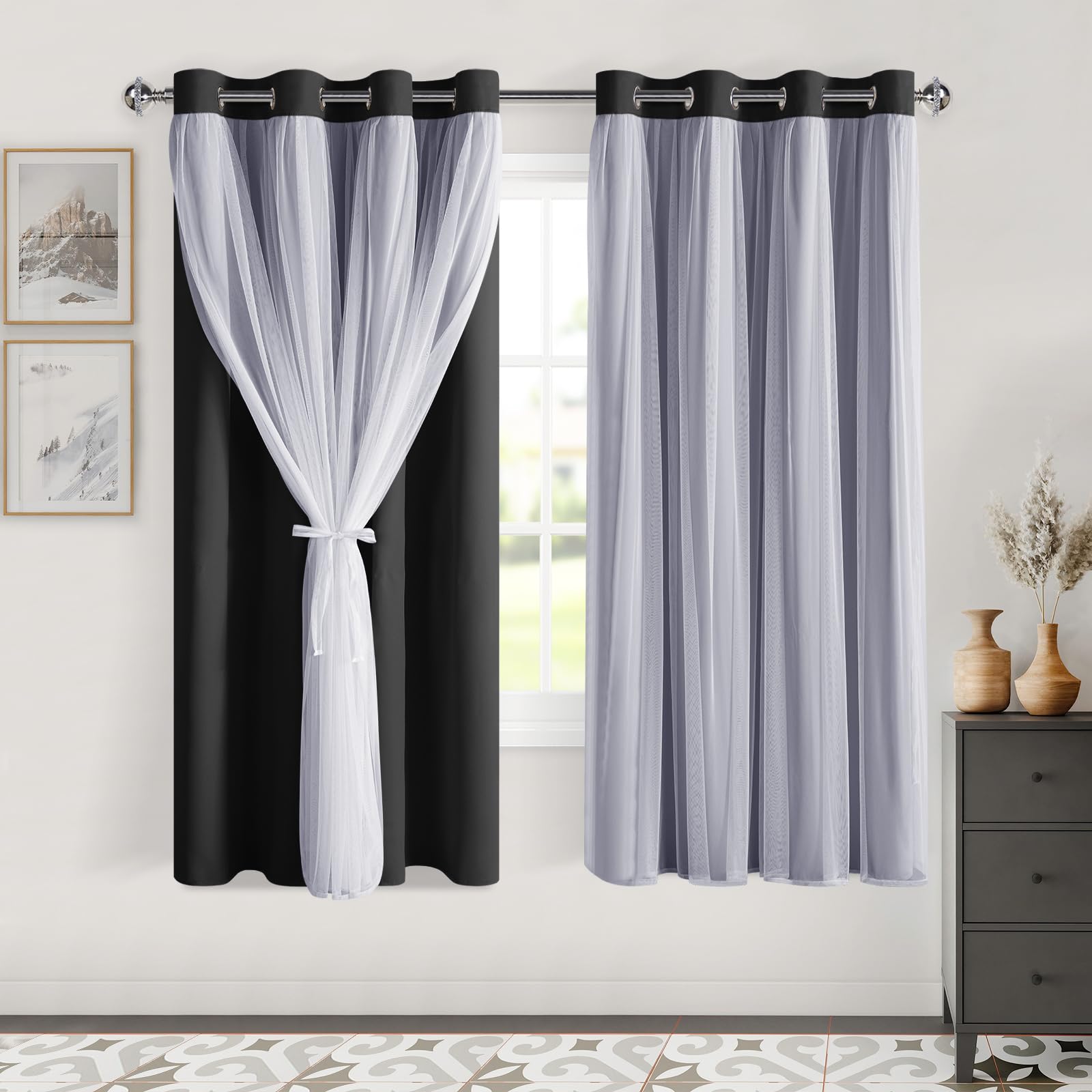 DWCN White Blackout Curtains with Sheer Overlay Thermal Insulated Mix & Match Double Layer Window Panels for Bedroom Living Room Drape Sewn with Tiebacks Grommet Top 52" Wx84 Lx2