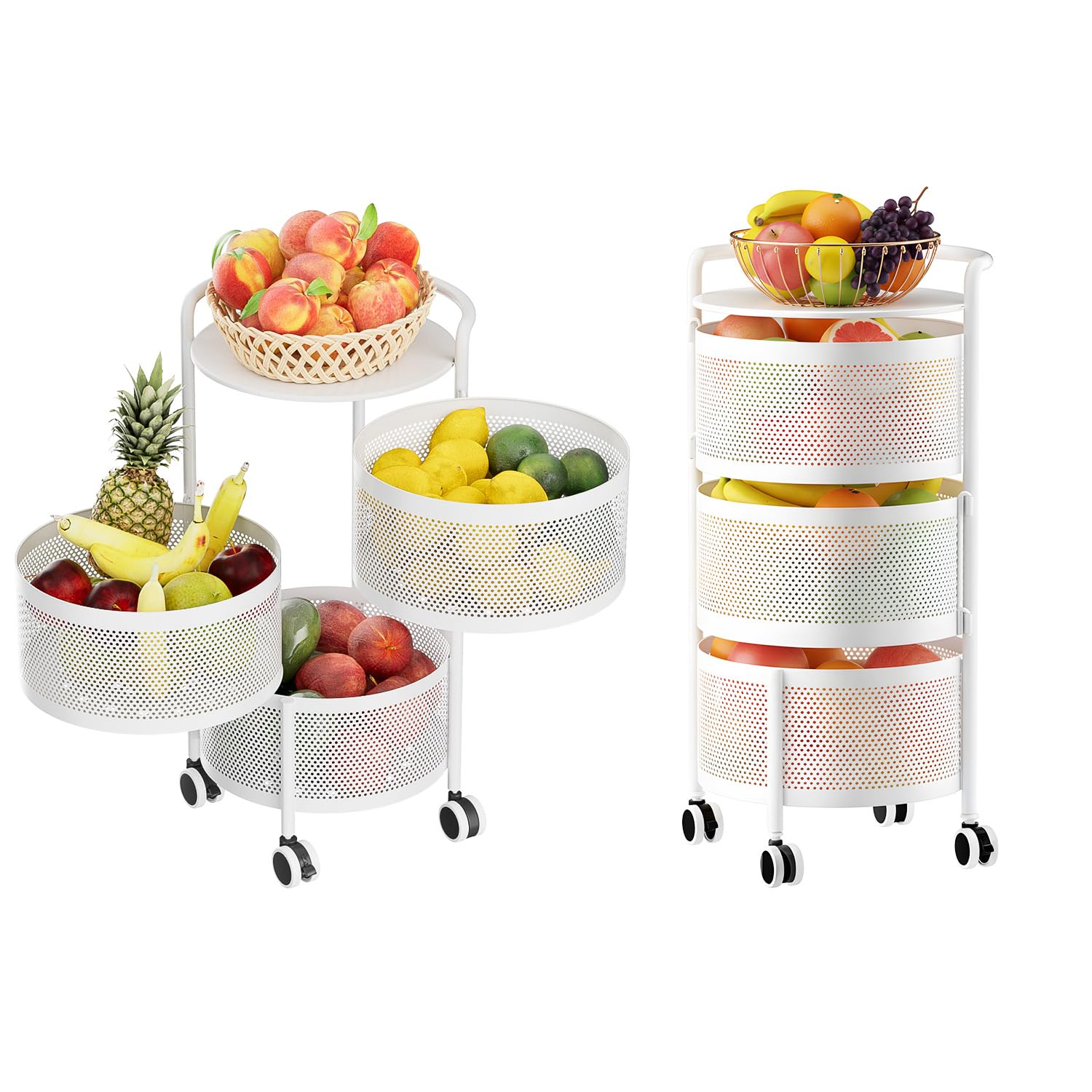 Rotating Fruit Basket, 5-Tier Metal Sturdy Kitchen Storage Rack Shelf Carts No Assembly on Rolling Wheels for Fruit Vegetable Grocery Corns Potato Onion (5-Tier, Black)