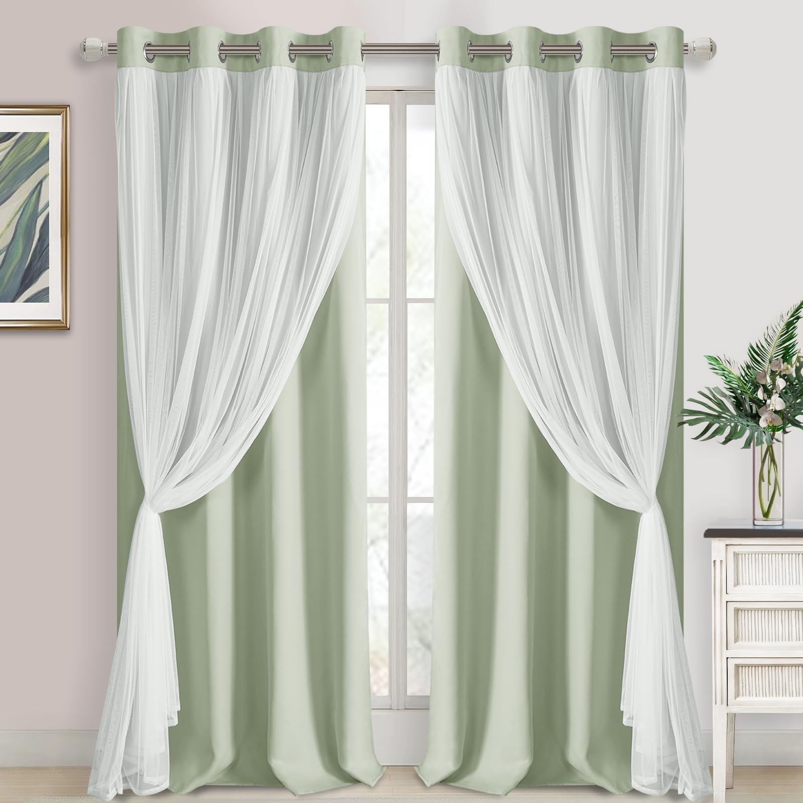 DWCN White Blackout Curtains with Sheer Overlay Thermal Insulated Mix & Match Double Layer Window Panels for Bedroom Living Room Drape Sewn with Tiebacks Grommet Top 52" Wx84 Lx2