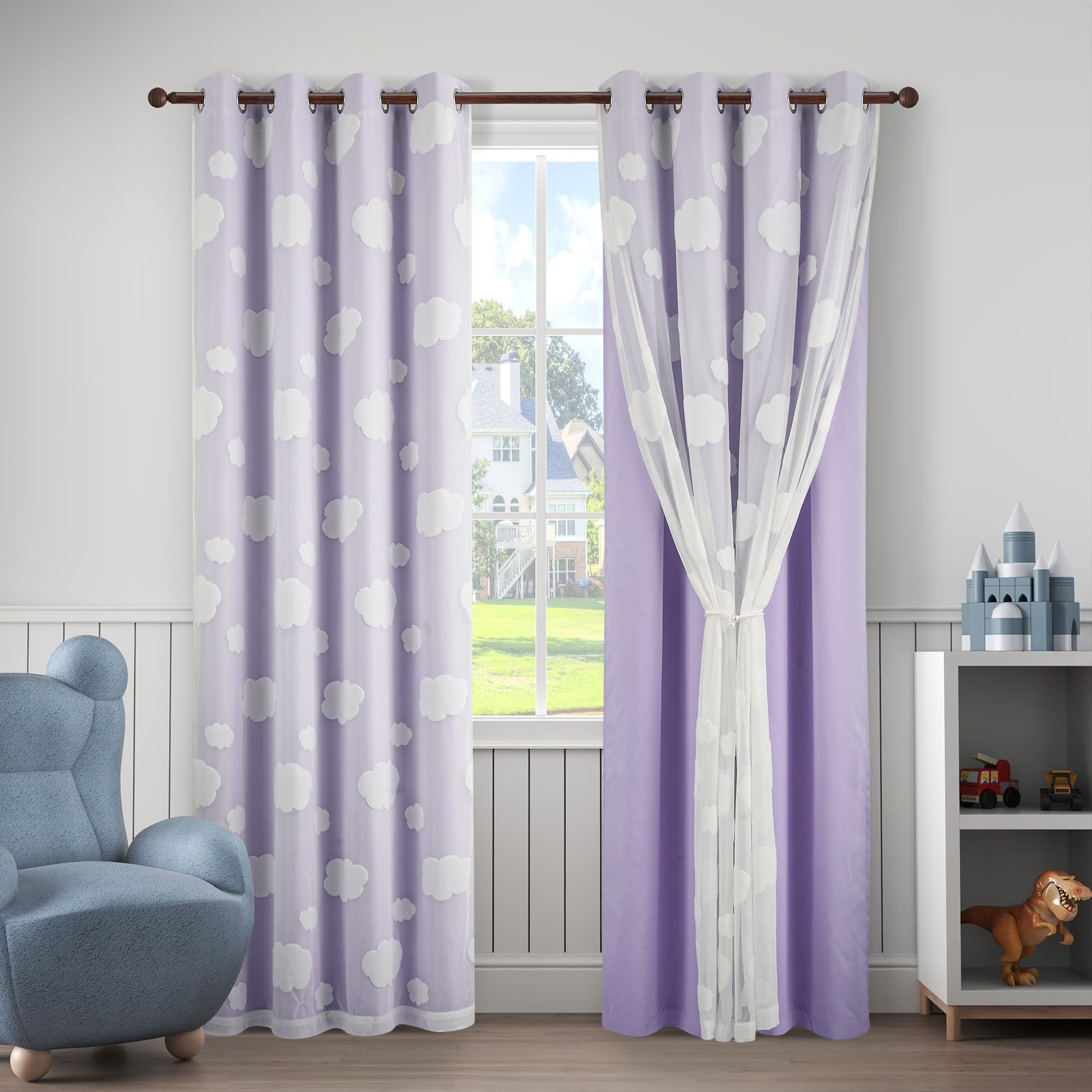 Beige Light Blocking Curtains with Sheer Overlay for Living Room Mix and Match Double Layer Window Panels 95 Inch for Bedroom Grommet Top, W52 X L95