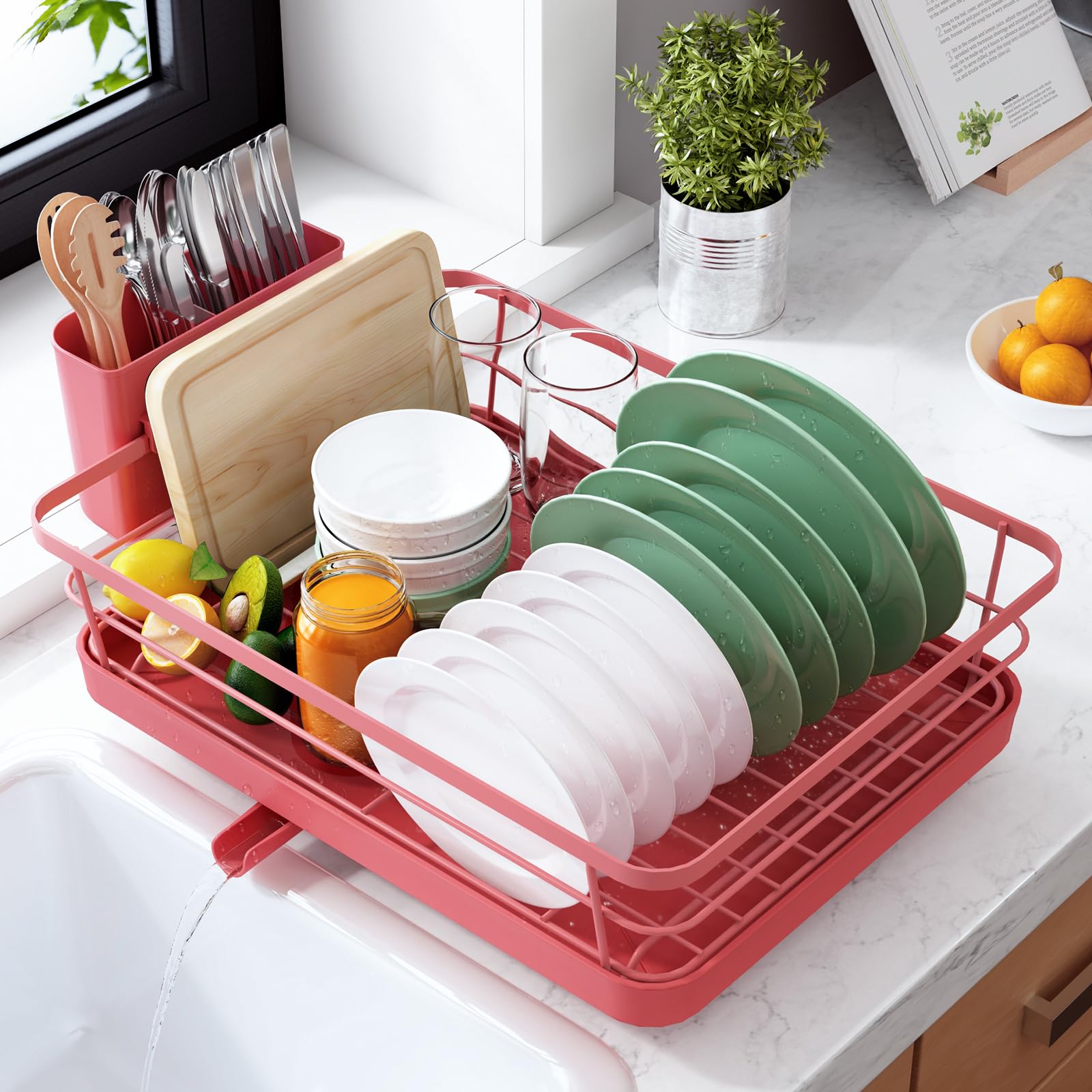 Kitsure Dish Drying Rack for Kitchen Counter, Stainless Steel Sink Organization and Storage Essentials with Cutlery Holder, Home and Appartment Decor, 12''W x 15.5''L, 2 Tiers, Black