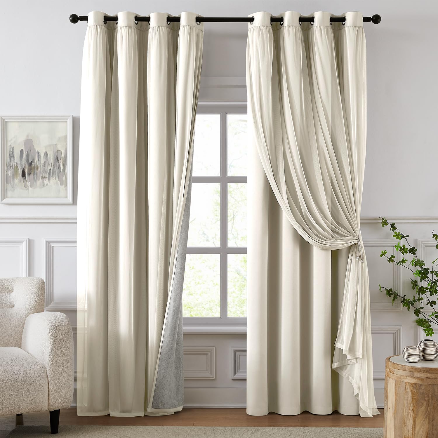 100% Blackout Curtains for Bedroom, Double Layer Ivory Curtains, Black Out Curtain 96 inch Long with Sheer Overlay for Living Room, Room Darkening Window Drapes with Grommet, 52" W x 96" L