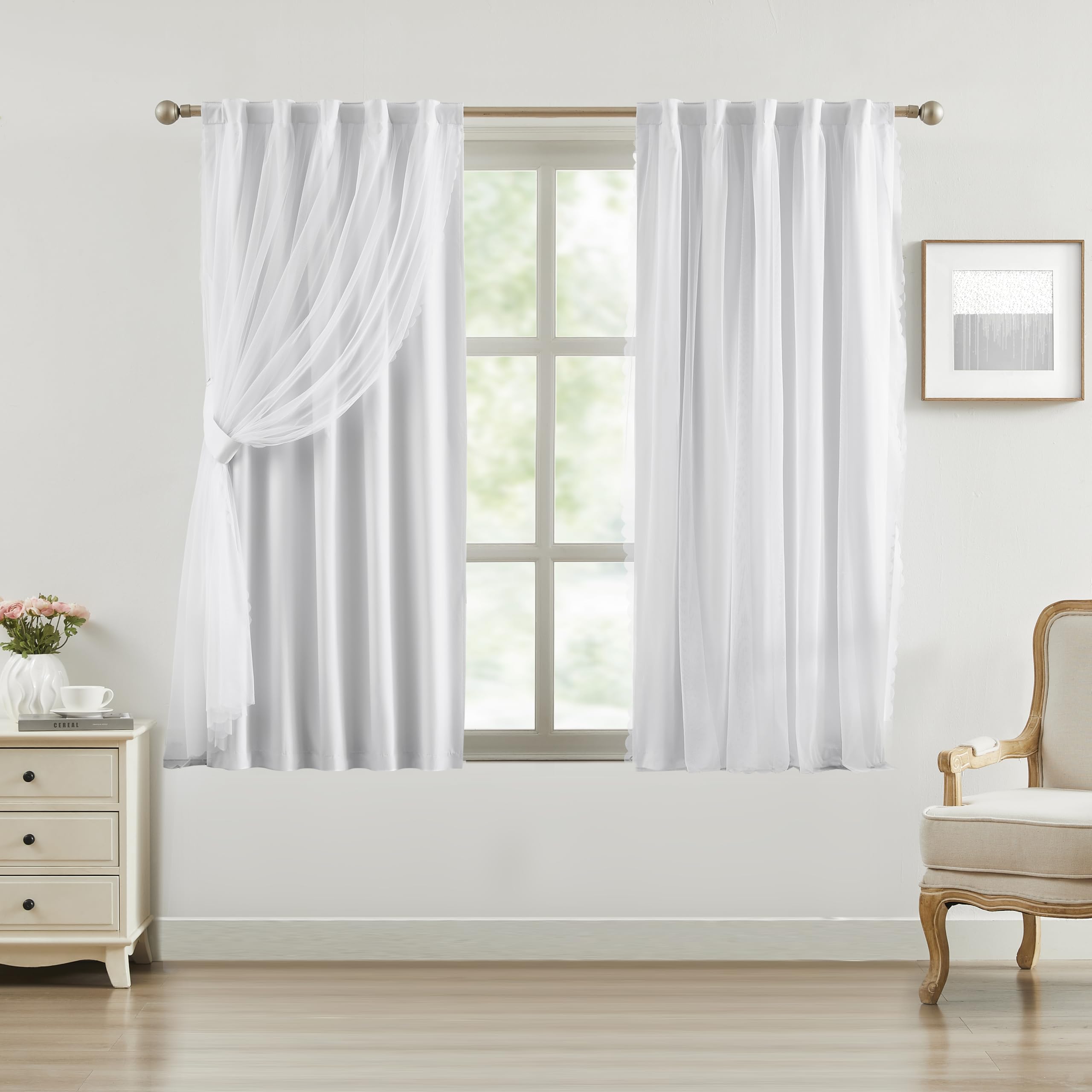 Bujasso Beige 80% Blackout Curtains with Sheer Overlay Mix and Match Double Layer Thermal Insulated Window Panels 84 inch for Bedroom Beige Drapes with Tiebacks Rod Pocket Back Tab 37" Wx84 Lx2