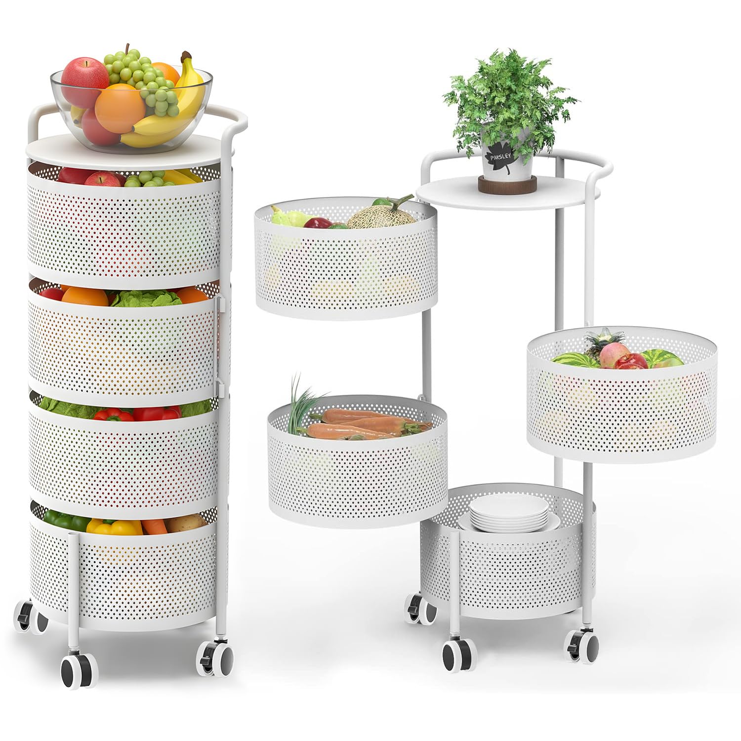Rotating Fruit Basket, 5-Tier Metal Sturdy Kitchen Storage Rack Shelf Carts No Assembly on Rolling Wheels for Fruit Vegetable Grocery Corns Potato Onion (5-Tier, Black)