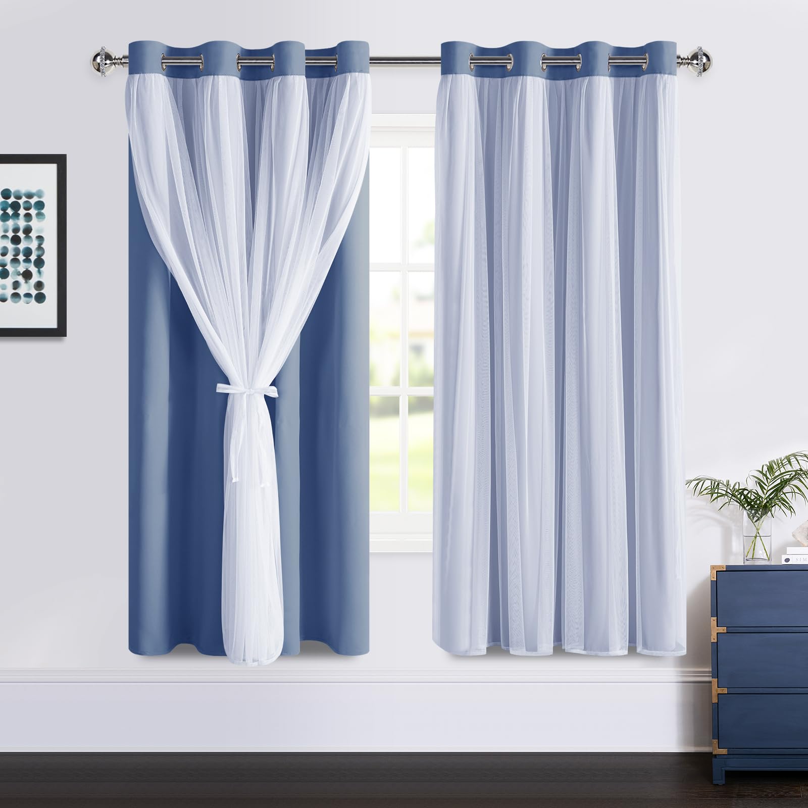 DWCN White Blackout Curtains with Sheer Overlay Thermal Insulated Mix & Match Double Layer Window Panels for Bedroom Living Room Drape Sewn with Tiebacks Grommet Top 52" Wx84 Lx2