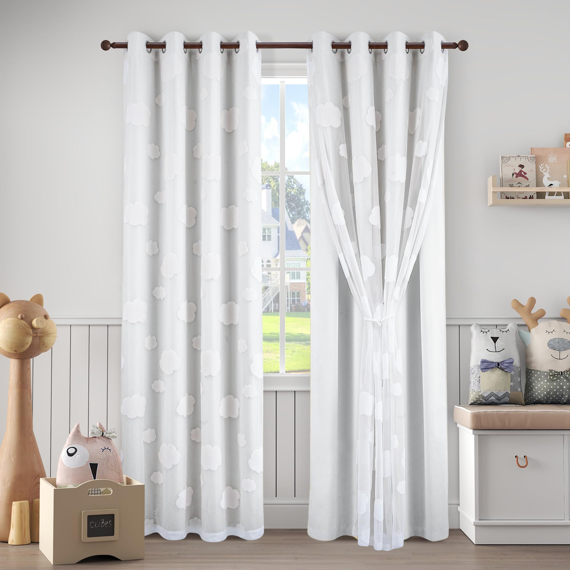 Beige Light Blocking Curtains with Sheer Overlay for Living Room Mix and Match Double Layer Window Panels 95 Inch for Bedroom Grommet Top, W52 X L95