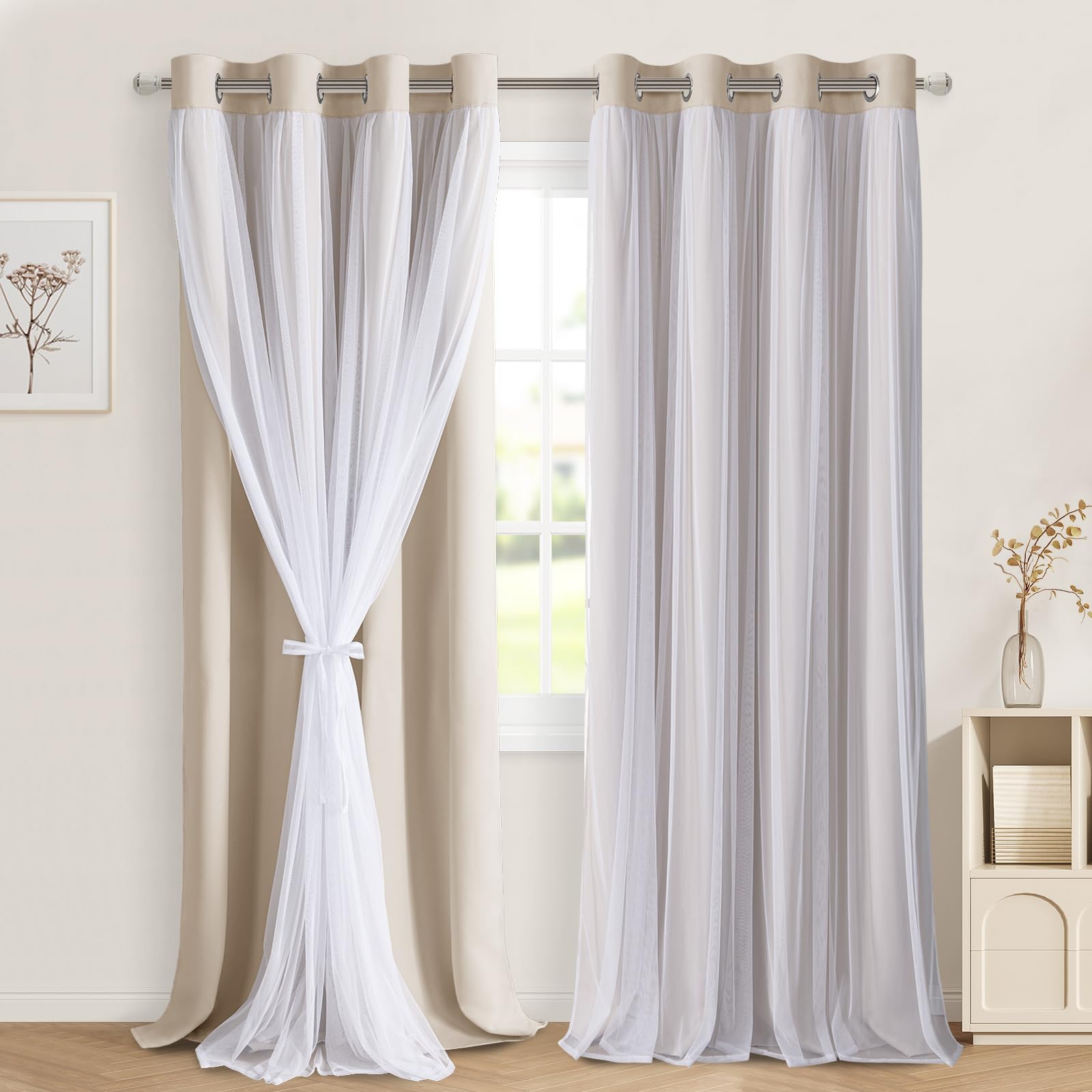 DWCN White Blackout Curtains with Sheer Overlay Thermal Insulated Mix & Match Double Layer Window Panels for Bedroom Living Room Drape Sewn with Tiebacks Grommet Top 52" Wx84 Lx2