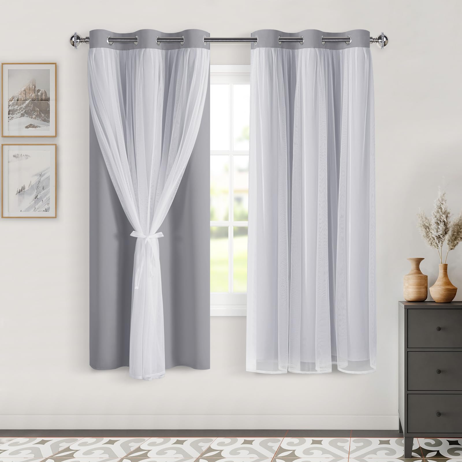 DWCN White Blackout Curtains with Sheer Overlay Thermal Insulated Mix & Match Double Layer Window Panels for Bedroom Living Room Drape Sewn with Tiebacks Grommet Top 52" Wx84 Lx2