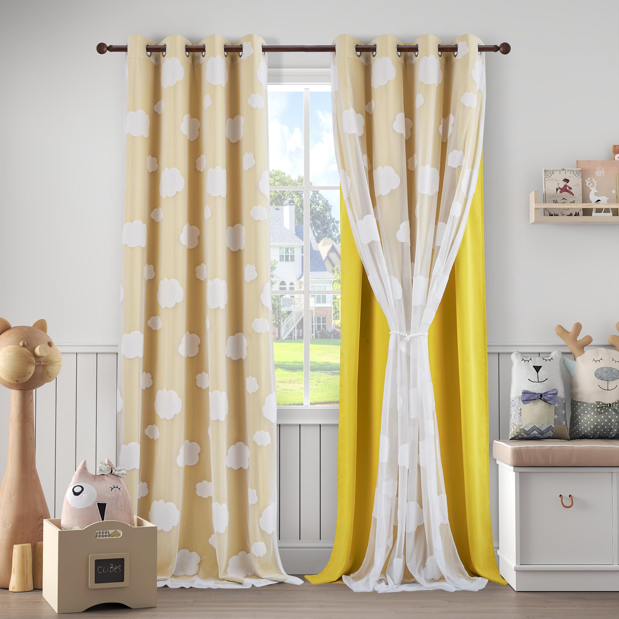 Beige Light Blocking Curtains with Sheer Overlay for Living Room Mix and Match Double Layer Window Panels 95 Inch for Bedroom Grommet Top, W52 X L95