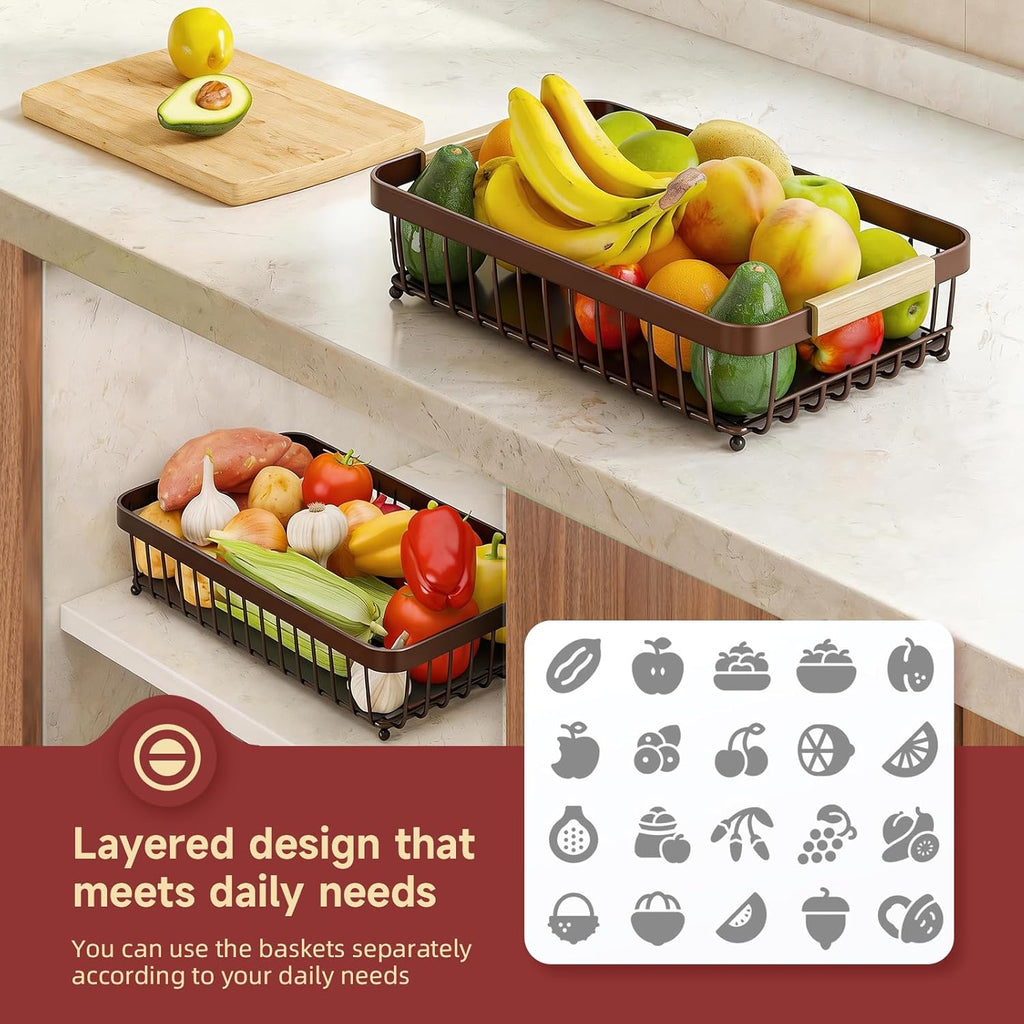 2 Tier Large Fruit Basket for Kitchen Counter with 2 Mobile Banana Hangers, 2026 Pro Detachable Metal Fruit Bowl with Wooden Handle (Brown, 2 Tier)