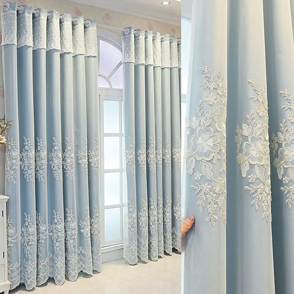 Amidoudou 1 Pair European Double Layer Curtains Luxury Flower Embroidered Curtains for Living Room Bedroom (Beige,52x96 Inch)