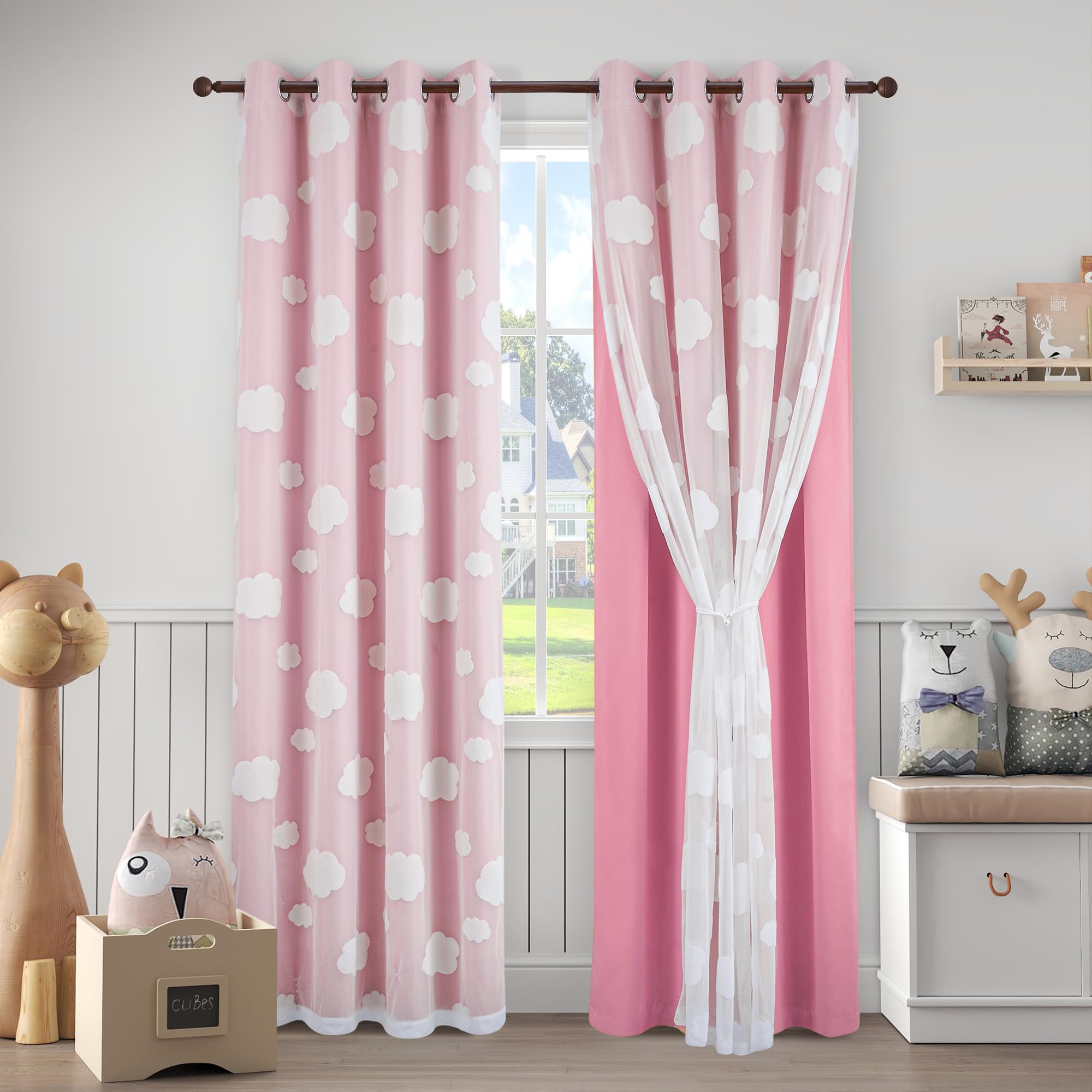 Beige Light Blocking Curtains with Sheer Overlay for Living Room Mix and Match Double Layer Window Panels 95 Inch for Bedroom Grommet Top, W52 X L95