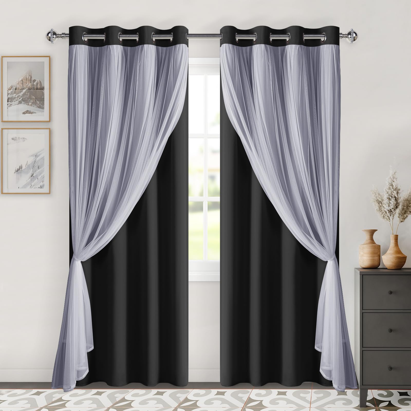 DWCN White Blackout Curtains with Sheer Overlay Thermal Insulated Mix & Match Double Layer Window Panels for Bedroom Living Room Drape Sewn with Tiebacks Grommet Top 52" Wx84 Lx2