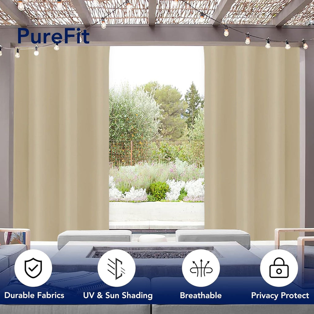 PureFit Outdoor Curtains for Patio Waterproof Weatherproof, UV Resistant Outside Curtains for Gazebo, Front Porch, Pergola, Sun Blocking Privacy Curtain, 52W x 95L inch, Set of 2, Beige