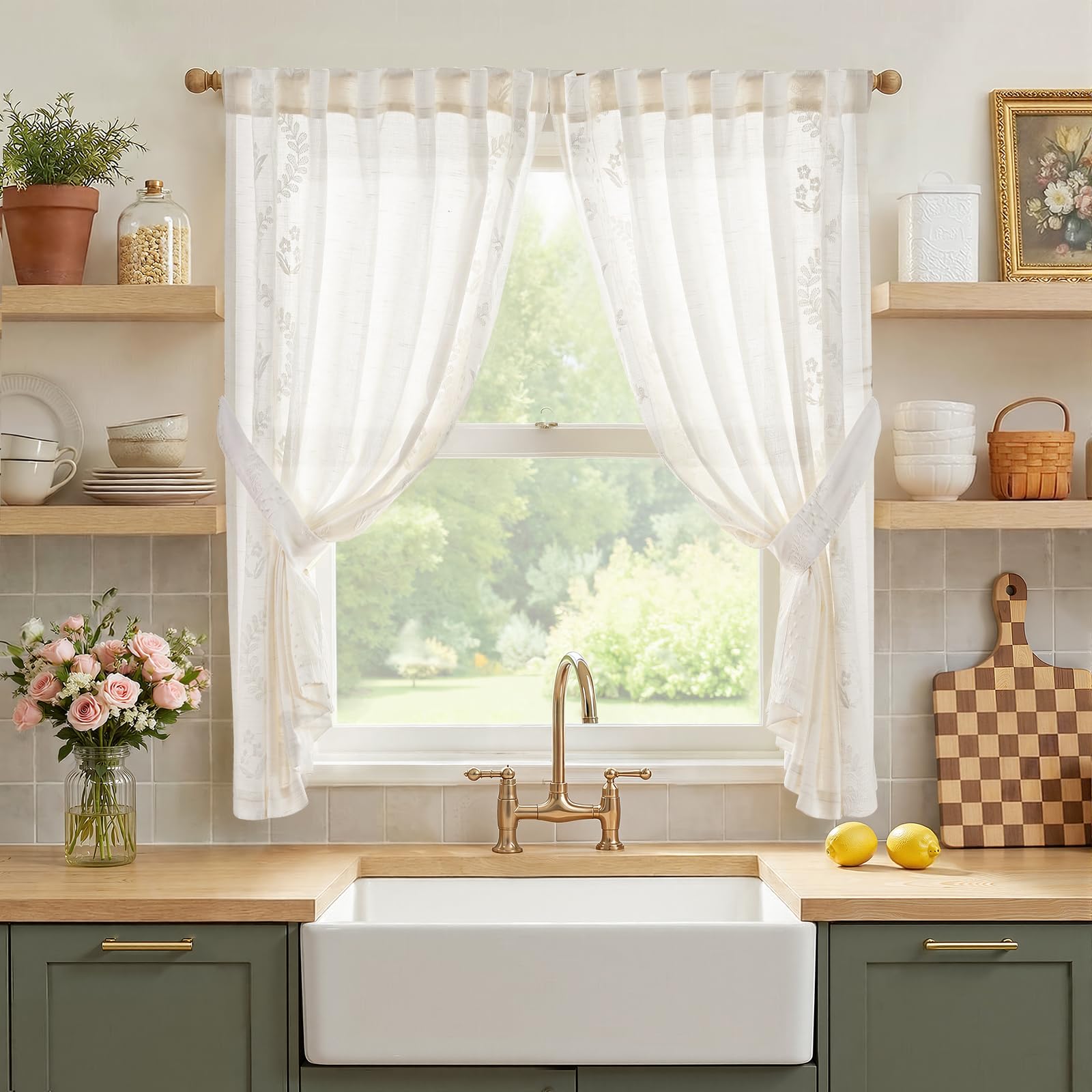 jinchan Belrose Linen Curtains for Bedroom Floral Curtains 84 Inch Length Linen Blend Ivory Embroidered Drapes Farmhouse Flower Patterned Drapes for Living Room Window Treatments Set 2 Panels