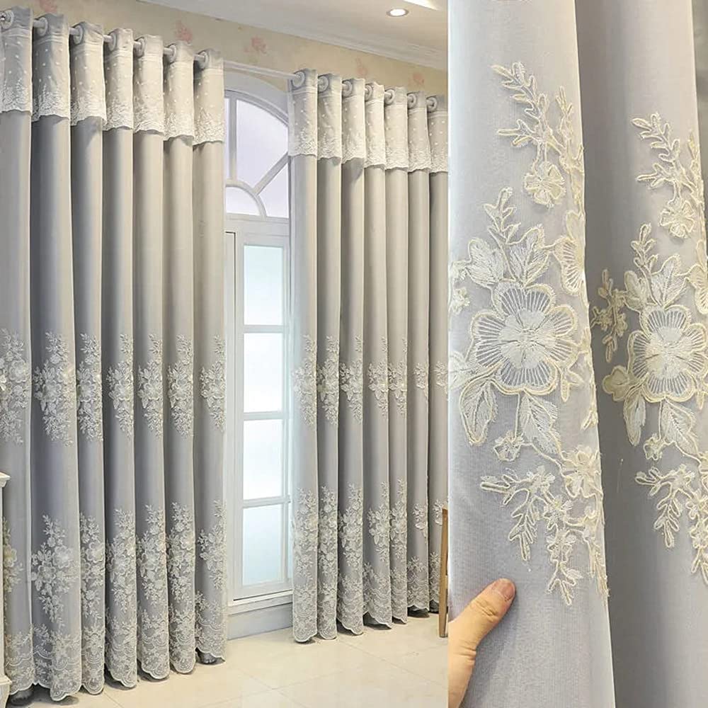 Amidoudou 1 Pair European Double Layer Curtains Luxury Flower Embroidered Curtains for Living Room Bedroom (Beige,52x96 Inch)