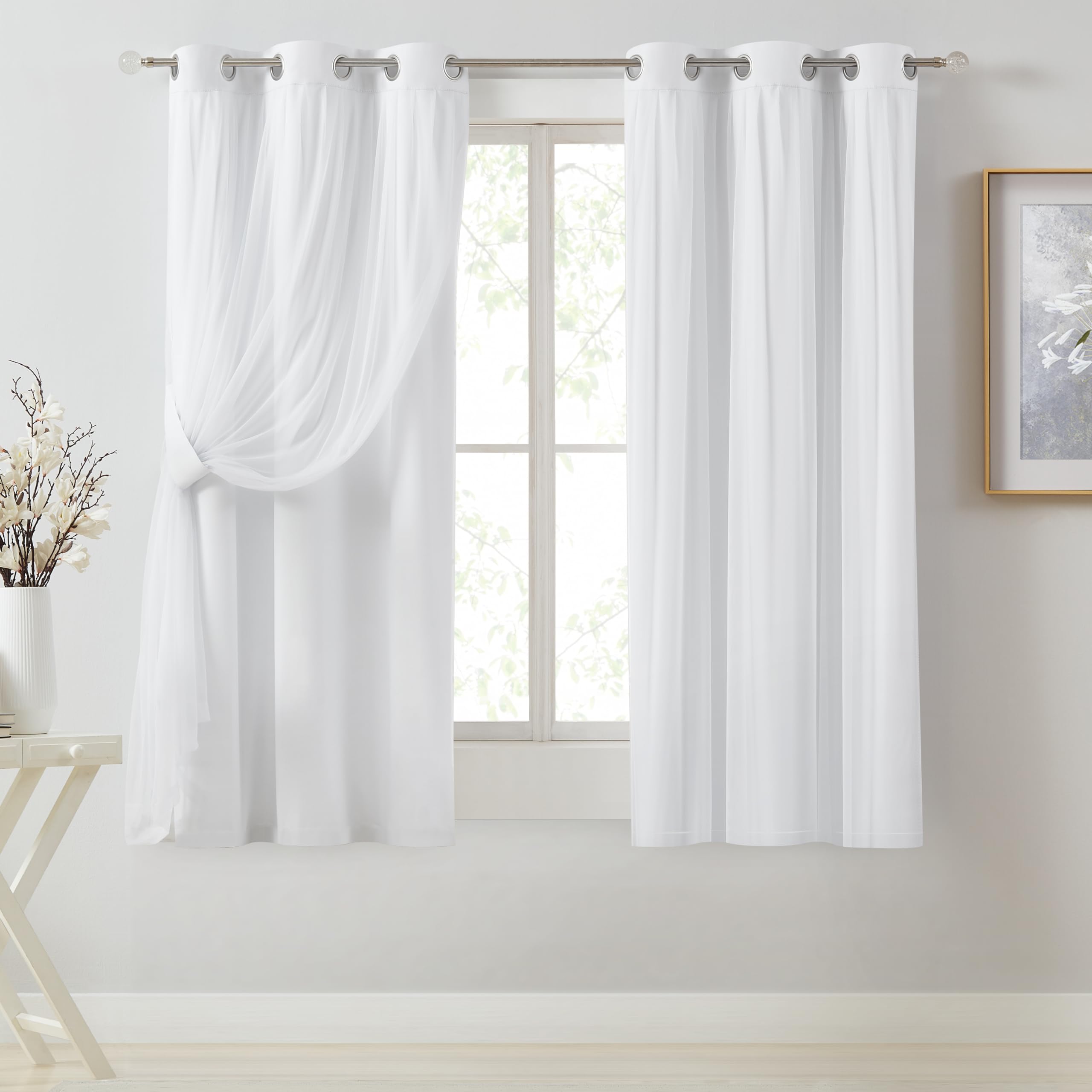 Bujasso Beige 80% Blackout Curtains with Sheer Overlay Mix and Match Double Layer Thermal Insulated Window Panels 95 inch for Living Room Bedroom Beige Drapes with Tiebacks Grommet Top 54" Wx95 Lx2