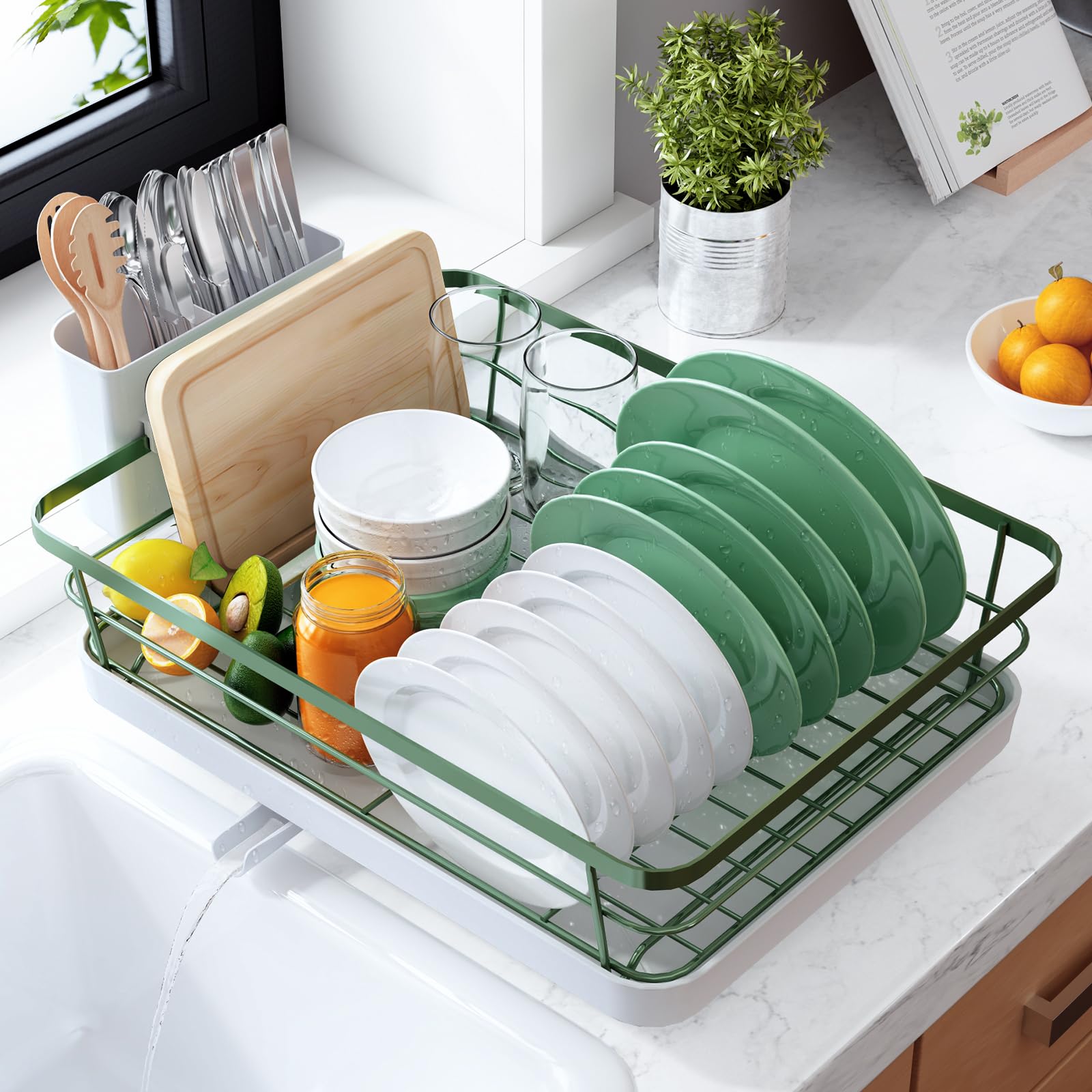 Kitsure Dish Drying Rack for Kitchen Counter, Stainless Steel Sink Organization and Storage Essentials with Cutlery Holder, Home and Appartment Decor, 12''W x 15.5''L, 2 Tiers, Black