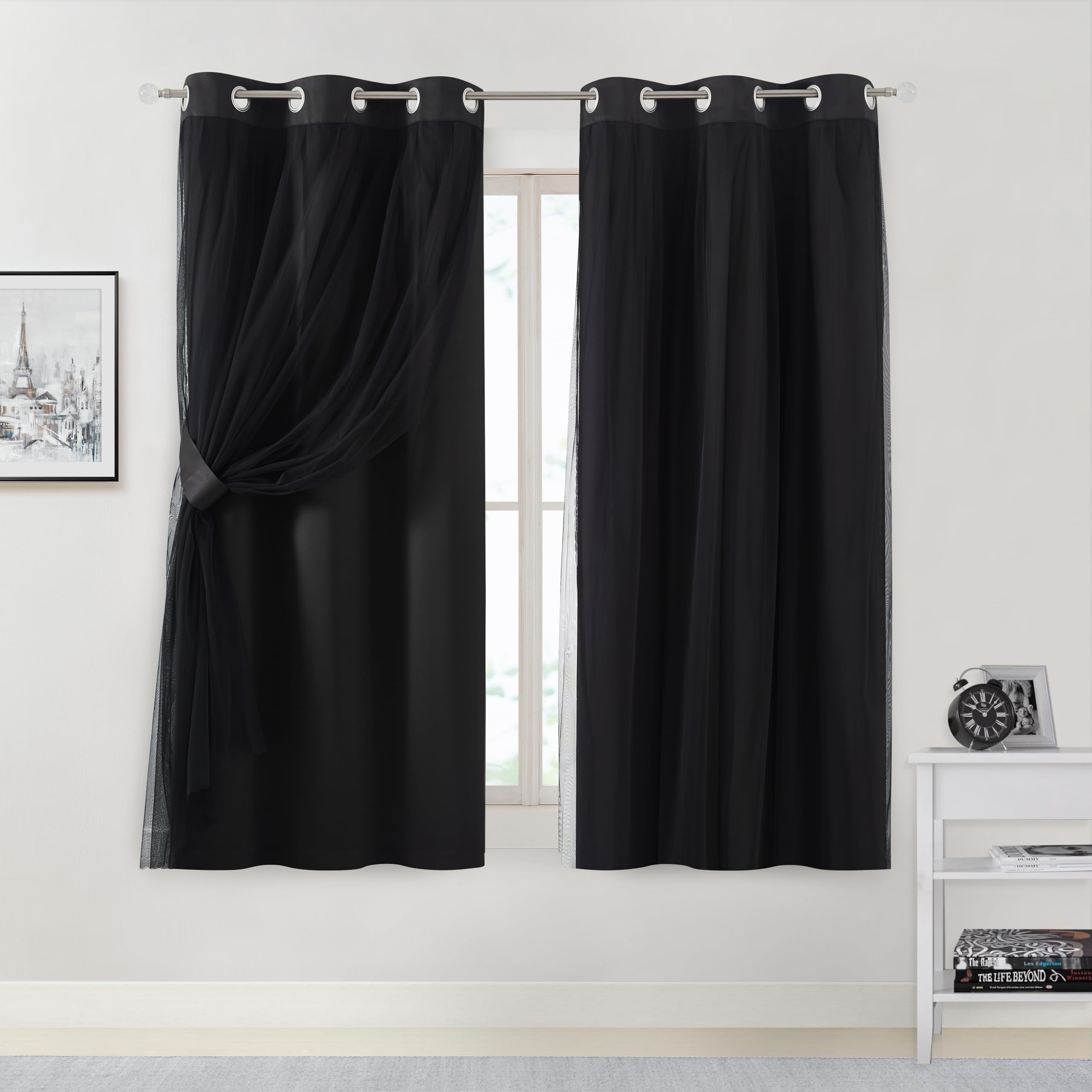 Bujasso Beige 90% Blackout Curtains with Sheer Overlay Mix and Match Double Layer Thermal Insulated Window Panels 84 inch for Living Room Bedroom Beige Drapes with Tiebacks Grommet Top 37" Wx84 Lx2