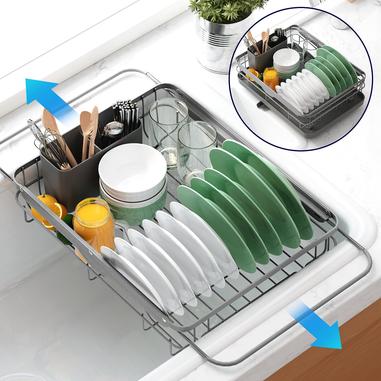 Kitsure Dish Drying Rack for Kitchen Counter, Stainless Steel Sink Organization and Storage Essentials with Cutlery Holder, Home and Appartment Decor, 12''W x 15.5''L, 2 Tiers, Black