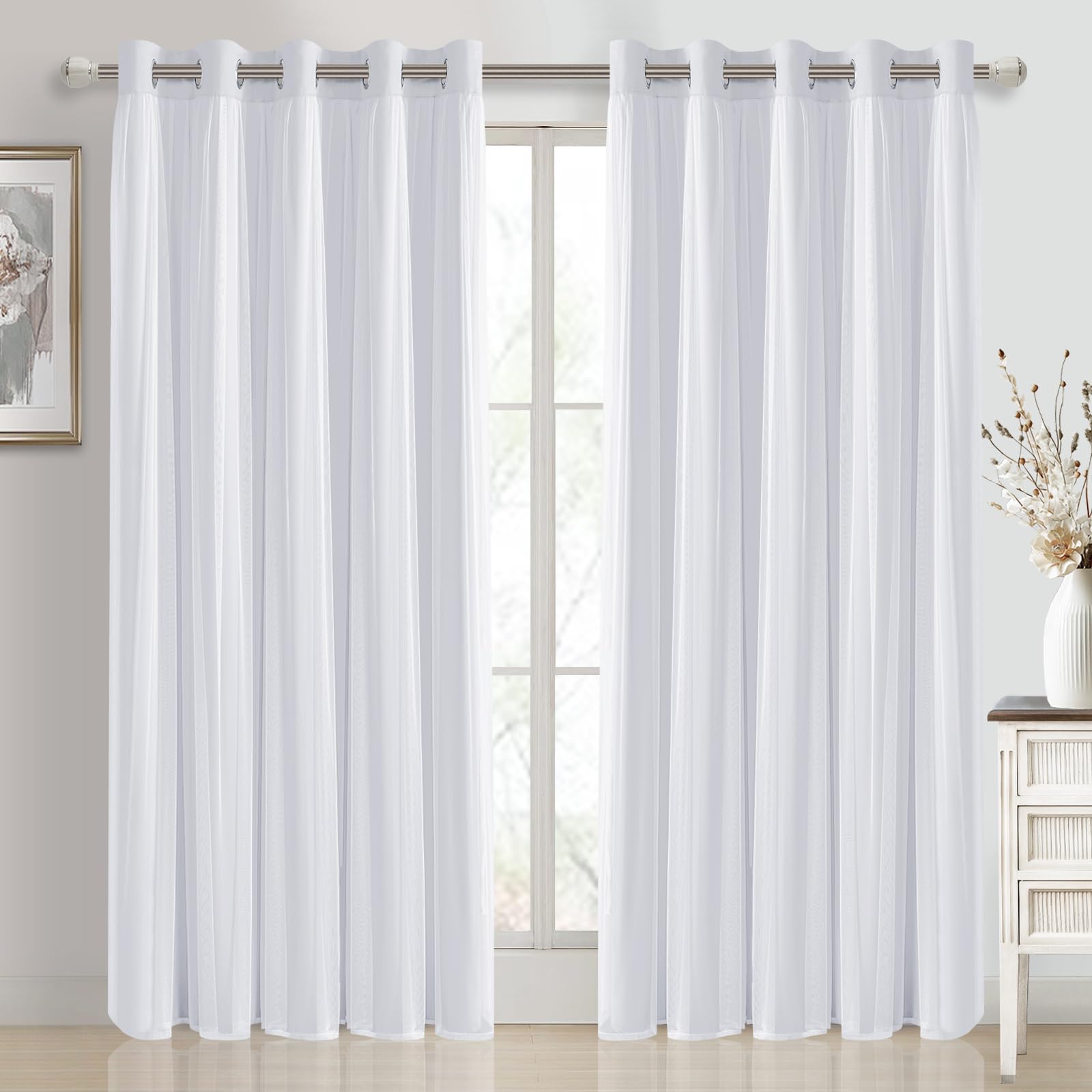 DWCN White Blackout Curtains with Sheer Overlay Thermal Insulated Mix & Match Double Layer Window Panels for Bedroom Living Room Drape Sewn with Tiebacks Grommet Top 52" Wx84 Lx2