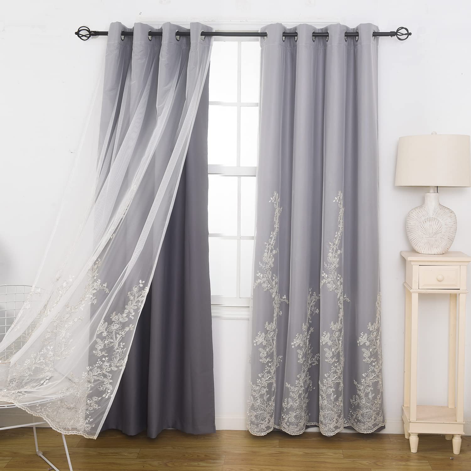 GYROHOME Double Layered Curtains with Embroidered White Sheer Tulle, Mix and Match Curtains Room Darkening Grommet Top Thermal Insulated Drapes,2Panels,52x84inch,Beige