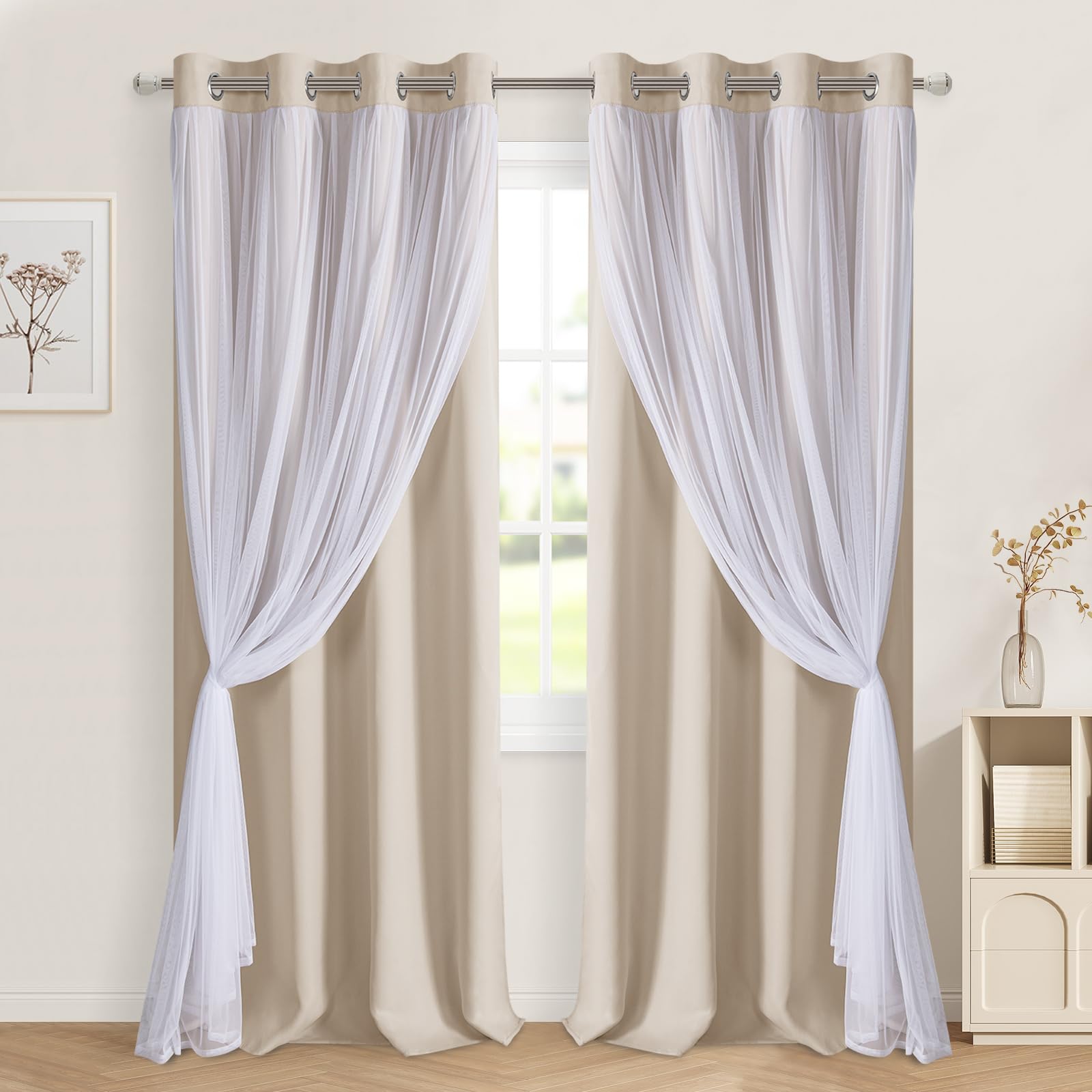 DWCN White Blackout Curtains with Sheer Overlay Thermal Insulated Mix & Match Double Layer Window Panels for Bedroom Living Room Drape Sewn with Tiebacks Grommet Top 52" Wx84 Lx2