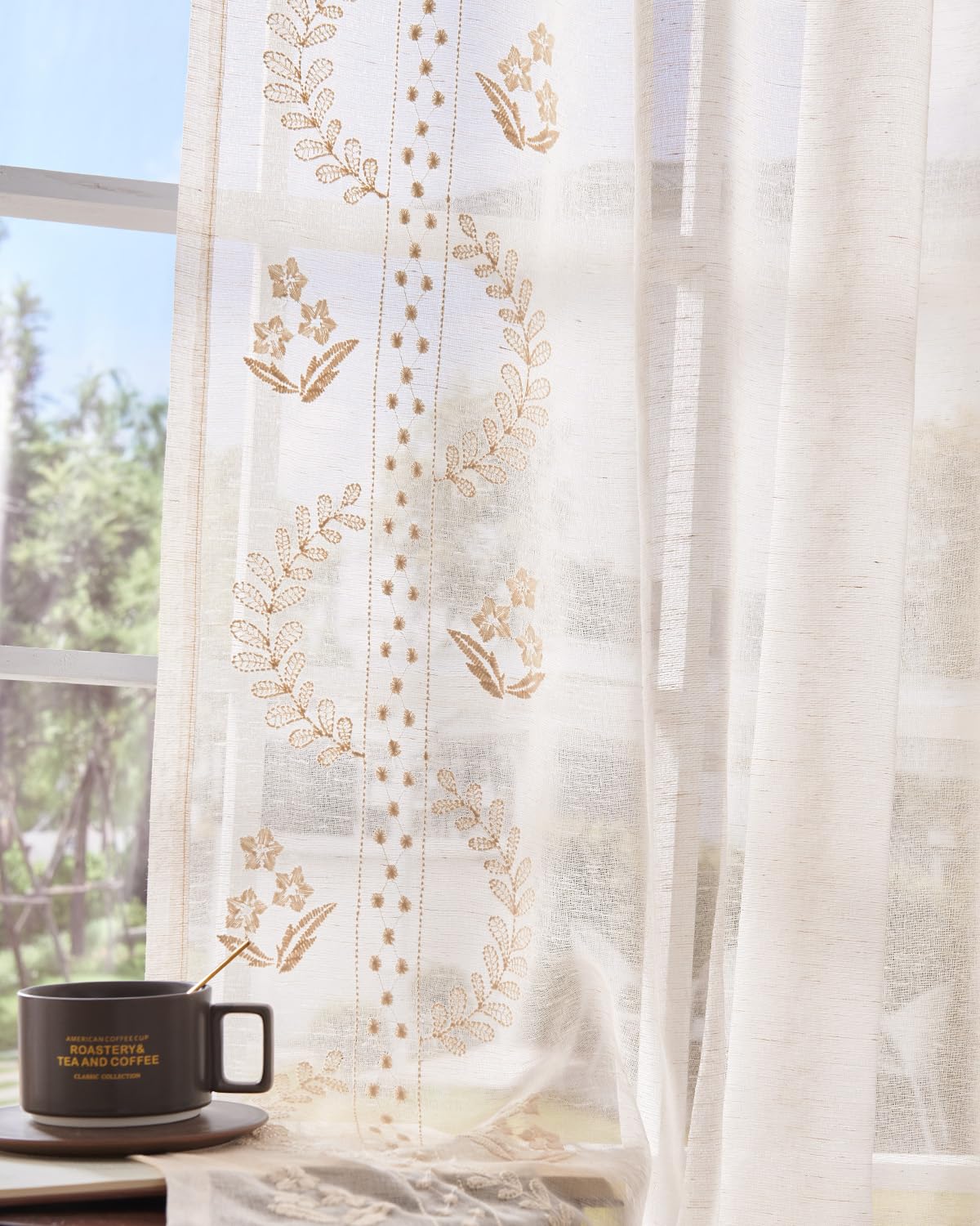 jinchan Belrose Linen Curtains for Bedroom Floral Curtains 84 Inch Length Linen Blend Ivory Embroidered Drapes Farmhouse Flower Patterned Drapes for Living Room Window Treatments Set 2 Panels