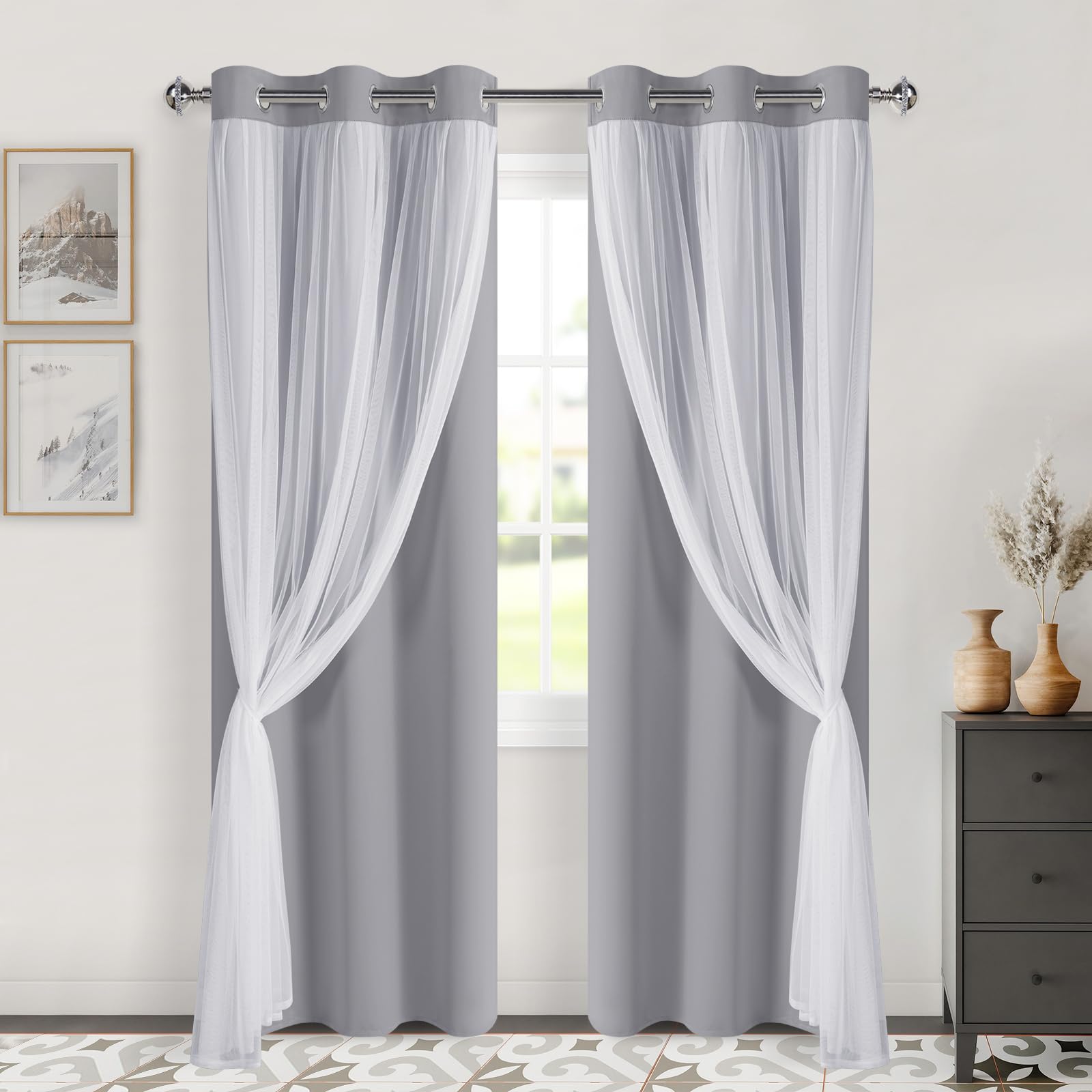 DWCN White Blackout Curtains with Sheer Overlay Thermal Insulated Mix & Match Double Layer Window Panels for Bedroom Living Room Drape Sewn with Tiebacks Grommet Top 52" Wx84 Lx2