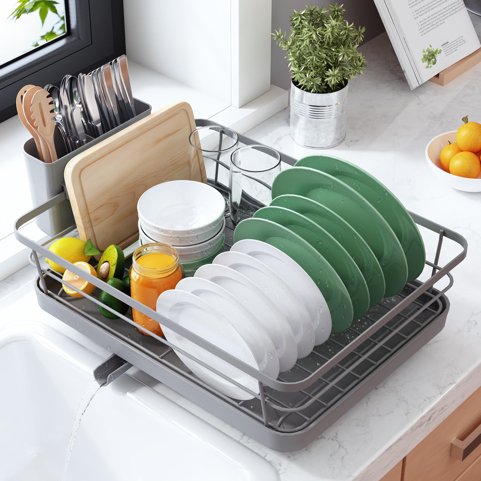 Kitsure Dish Drying Rack for Kitchen Counter, Stainless Steel Sink Organization and Storage Essentials with Cutlery Holder, Home and Appartment Decor, 12''W x 15.5''L, 2 Tiers, Black