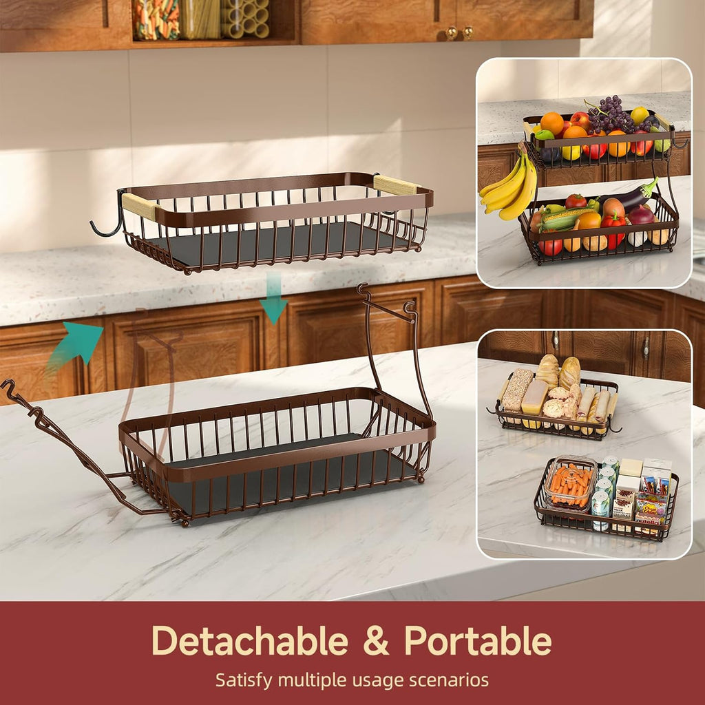 2 Tier Large Fruit Basket for Kitchen Counter with 2 Mobile Banana Hangers, 2026 Pro Detachable Metal Fruit Bowl with Wooden Handle (Brown, 2 Tier)