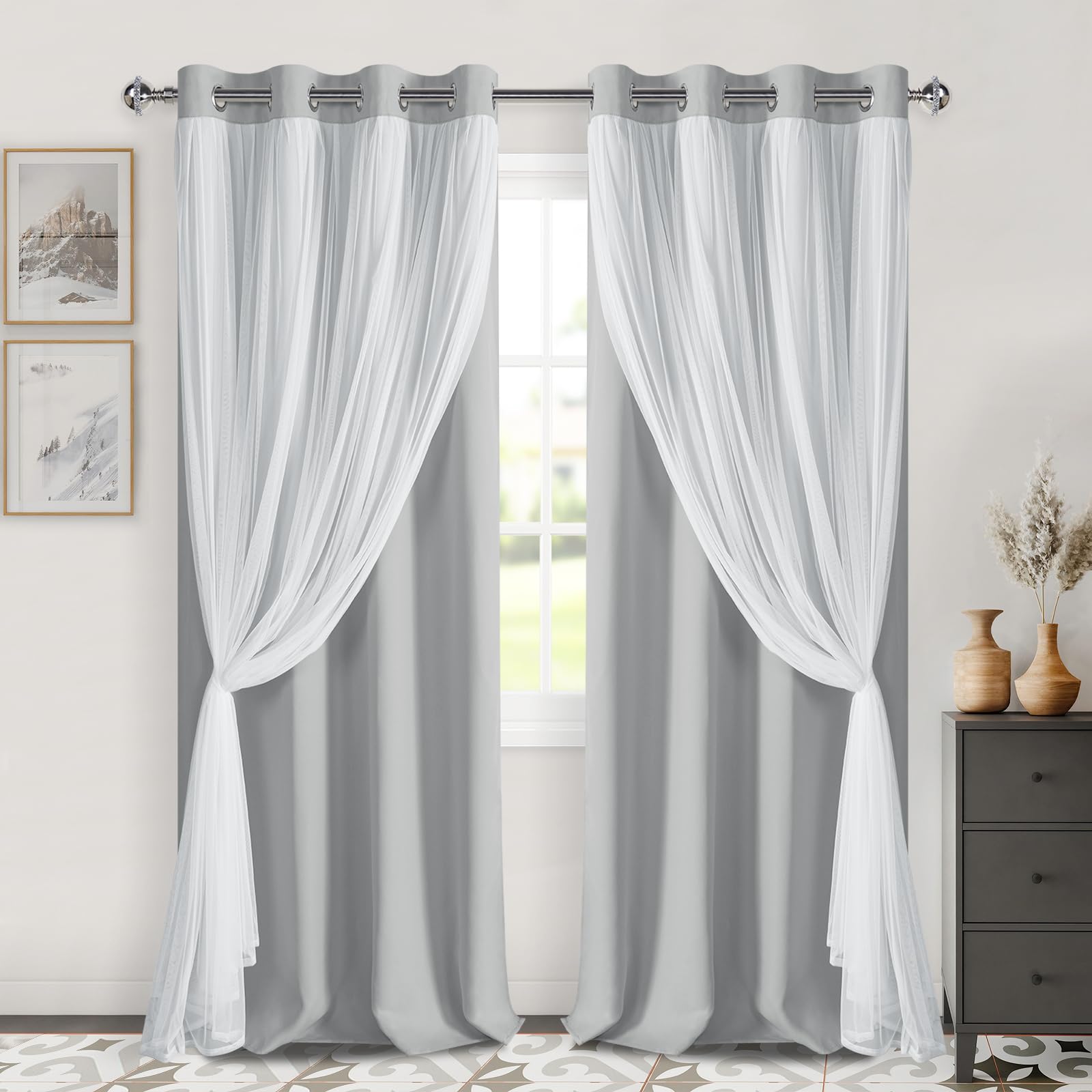 DWCN White Blackout Curtains with Sheer Overlay Thermal Insulated Mix & Match Double Layer Window Panels for Bedroom Living Room Drape Sewn with Tiebacks Grommet Top 52" Wx84 Lx2