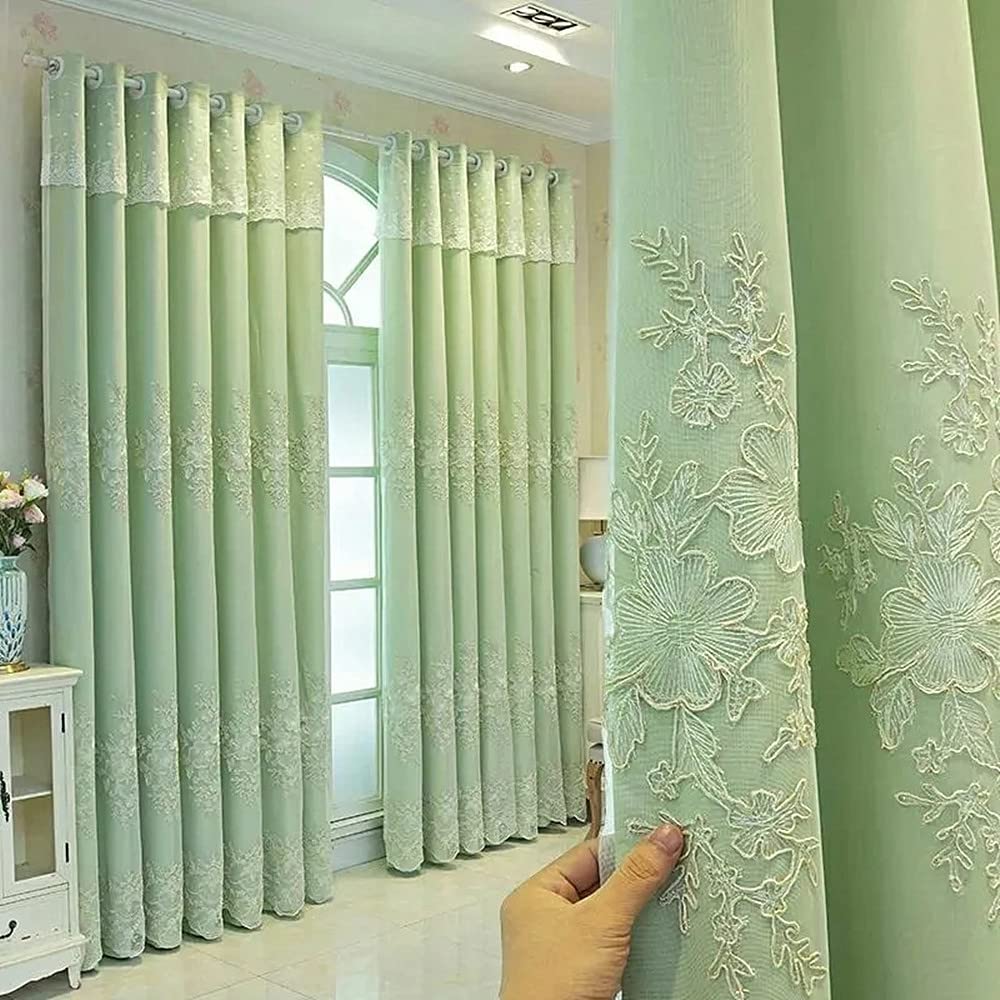 Amidoudou 1 Pair European Double Layer Curtains Luxury Flower Embroidered Curtains for Living Room Bedroom (Beige,52x96 Inch)