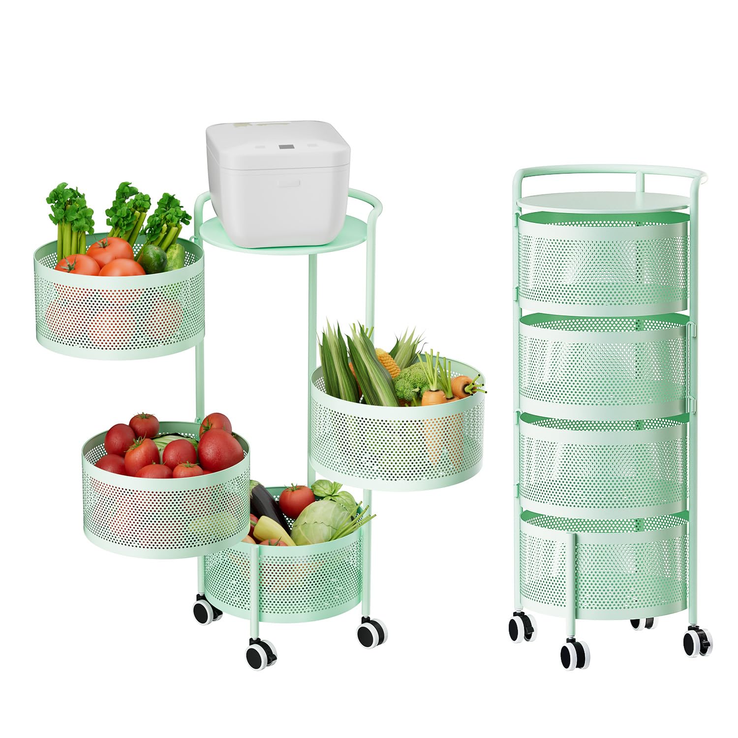 Rotating Fruit Basket, 5-Tier Metal Sturdy Kitchen Storage Rack Shelf Carts No Assembly on Rolling Wheels for Fruit Vegetable Grocery Corns Potato Onion (5-Tier, Black)