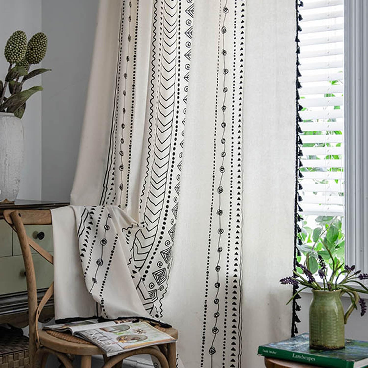 ColorBird Boho Curtains 2 Panels Aztec Western Semi-Blackout Patterned Rod Pocket Window Treatment Decorative Drapes with Black Tassels for Living Bedroom Closet 63 inch Length