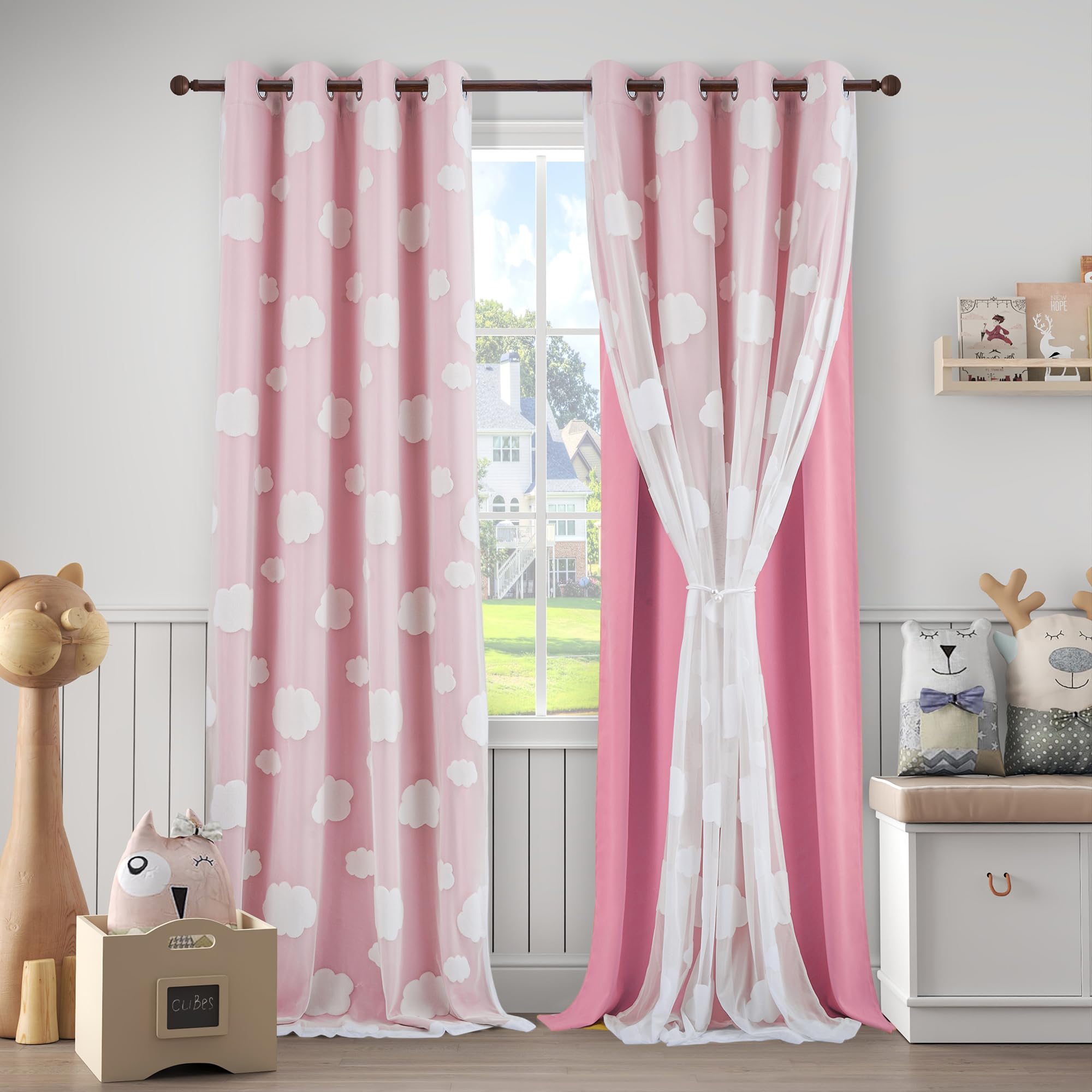Beige Light Blocking Curtains with Sheer Overlay for Living Room Mix and Match Double Layer Window Panels 95 Inch for Bedroom Grommet Top, W52 X L95