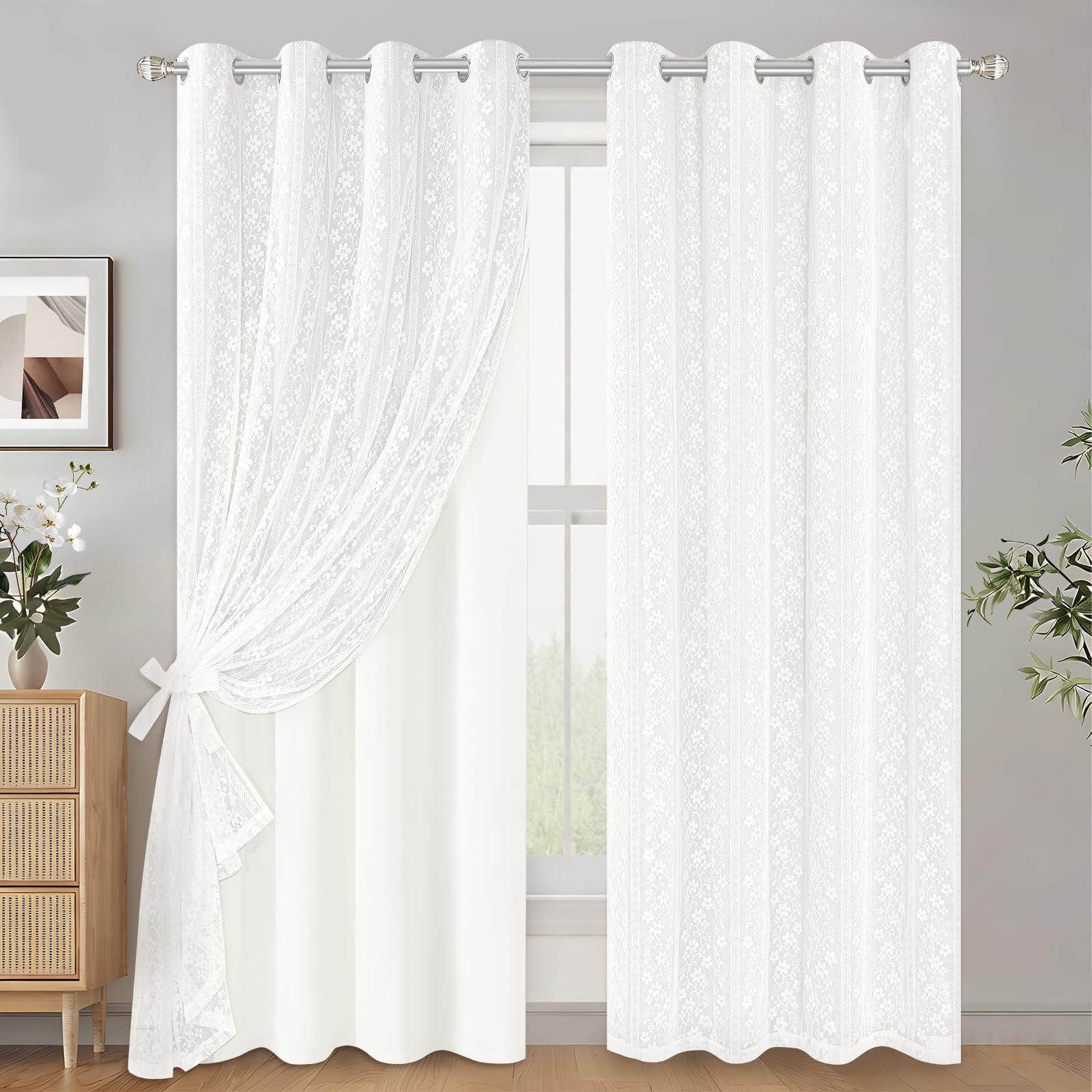 ASPMIZ Linen Curtains for Bedroom, Double Layered Boho Curtain for Living Room Farmhouse Curtain 84 Inch Length 2 Panels Set, Rustic Curtains & Drapes Rod Pocket with Tiebacks, 52 x 84 Inch, Beige