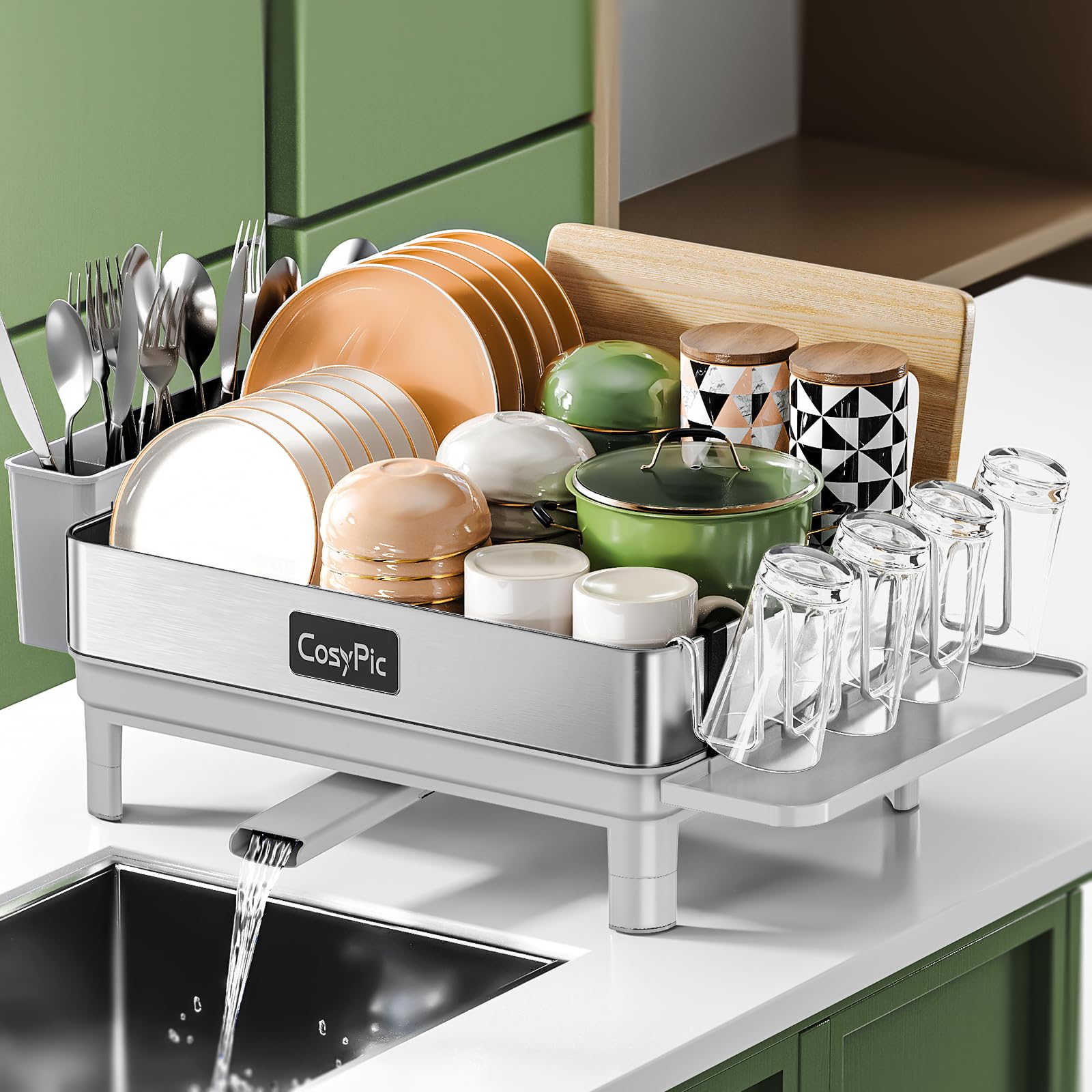 2 Tier Dish Drying Rack, Thicker Premium 304 Stainless Steel Dish Racks for Kitchen Counter, Automatic Drainage Spout, Dish Drainer & Drainboard Set with Utensil Holder and Cup Holder, Black