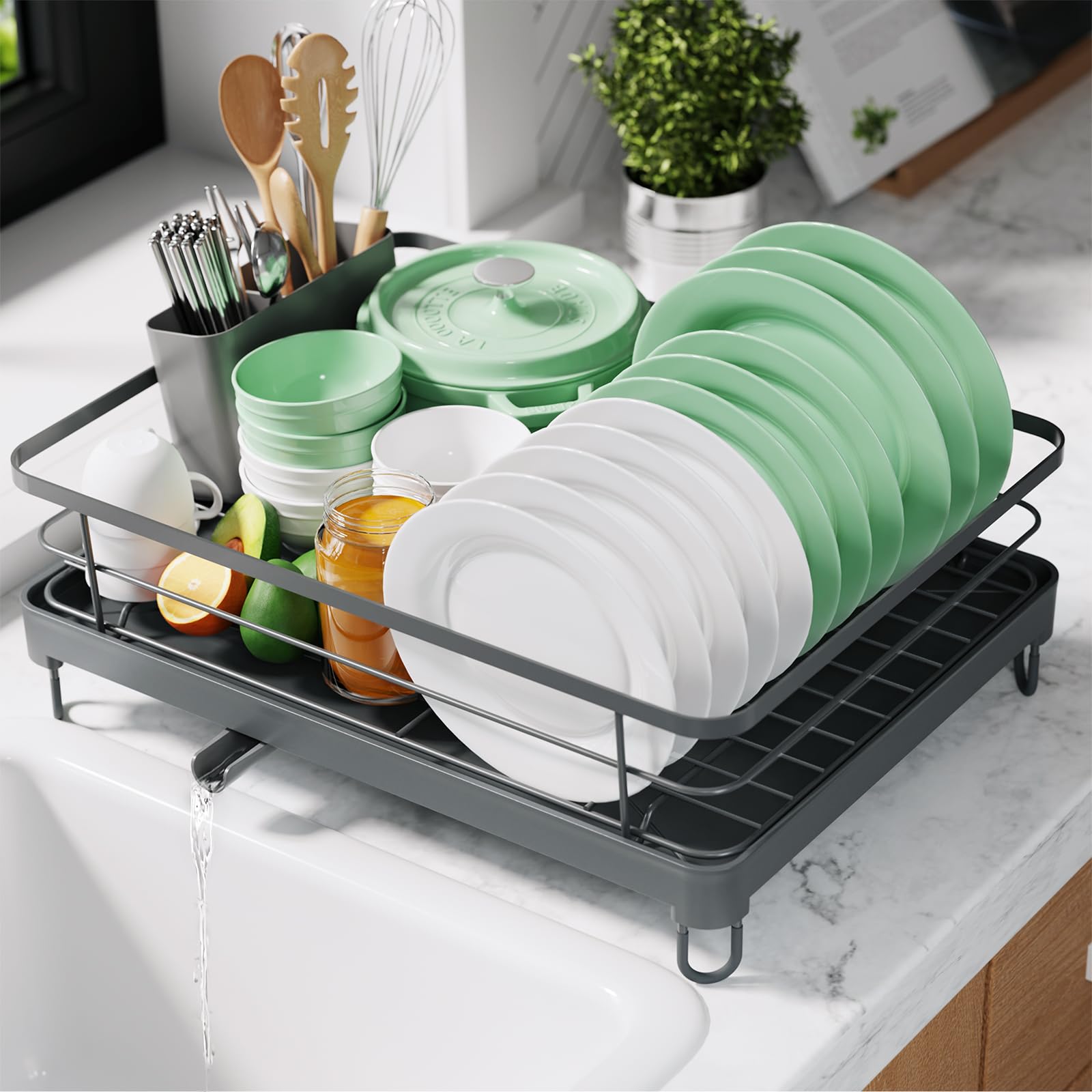 Kitsure Dish Drying Rack for Kitchen Counter, Stainless Steel Sink Organization and Storage Essentials with Cutlery Holder, Home and Appartment Decor, 12''W x 15.5''L, 2 Tiers, Black