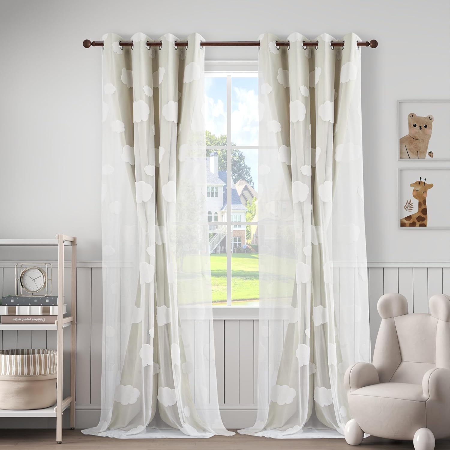 Beige Light Blocking Curtains with Sheer Overlay for Living Room Mix and Match Double Layer Window Panels 95 Inch for Bedroom Grommet Top, W52 X L95