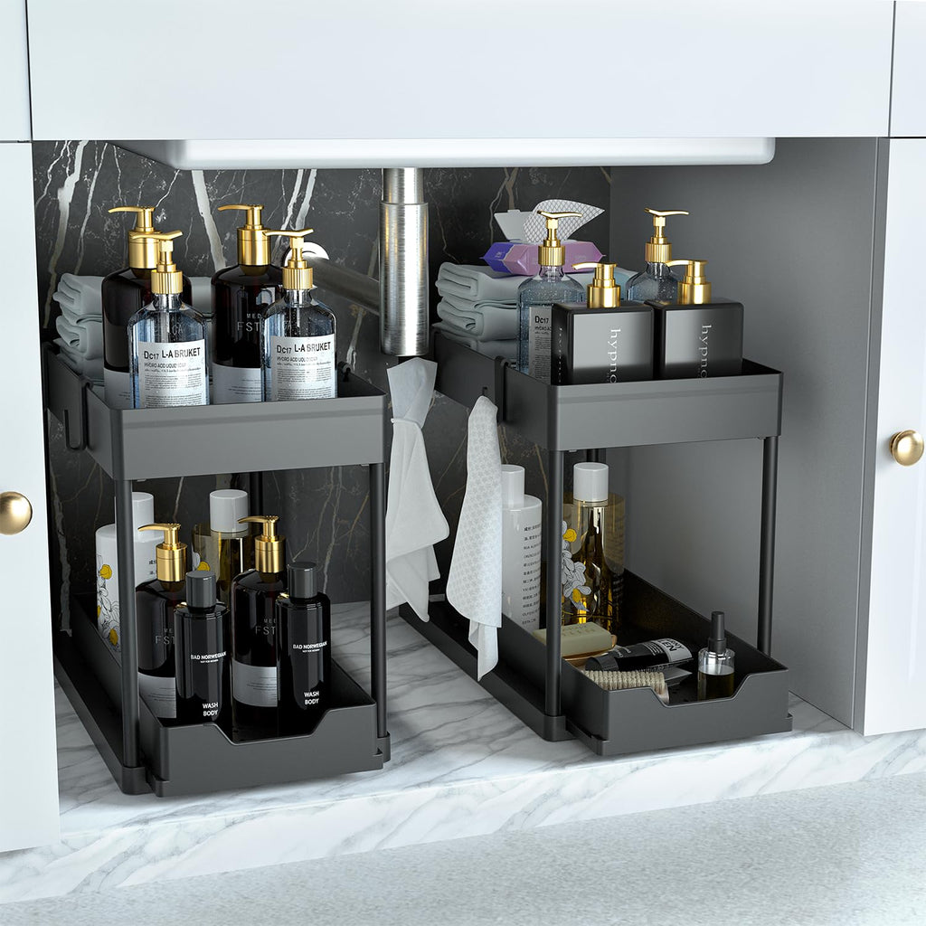 DEKAVA Cabinet, 2 Pack Under Sink Organizer, 2 Tier Sliding Bathroom Kitchen Organizer, Large White ABS Baskets, Easy Install & Clean