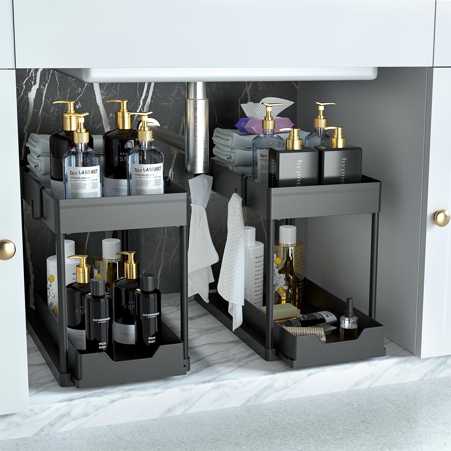 DEKAVA Cabinet, 2 Pack Under Sink Organizer, 2 Tier Sliding Bathroom Kitchen Organizer, Large White ABS Baskets, Easy Install & Clean