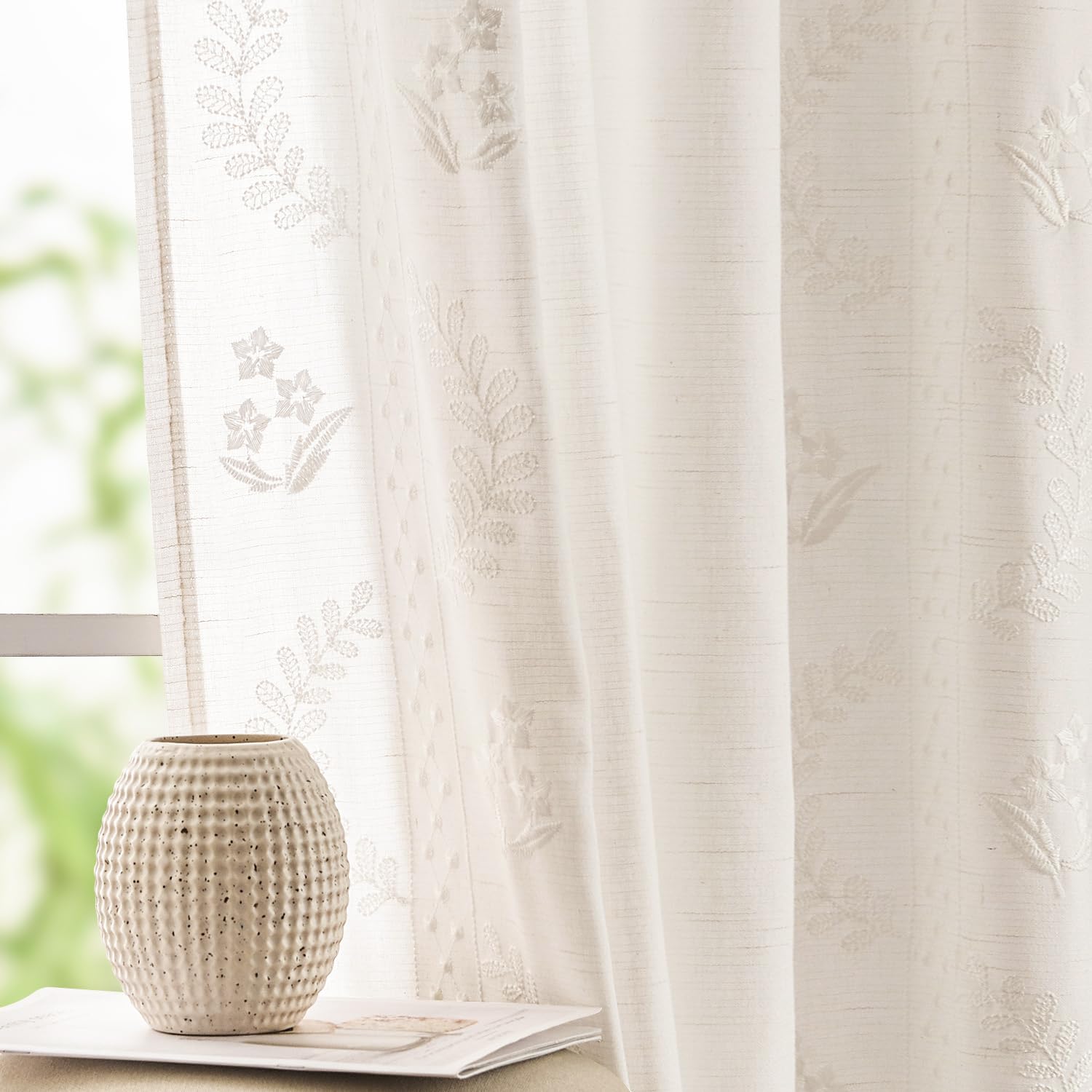 jinchan Belrose Linen Curtains for Bedroom Floral Curtains 84 Inch Length Linen Blend Ivory Embroidered Drapes Farmhouse Flower Patterned Drapes for Living Room Window Treatments Set 2 Panels