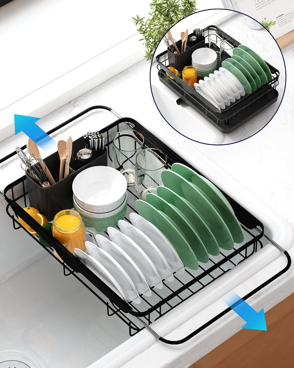 Kitsure Dish Drying Rack for Kitchen Counter, Stainless Steel Sink Organization and Storage Essentials with Cutlery Holder, Home and Appartment Decor, 12''W x 15.5''L, 2 Tiers, Black