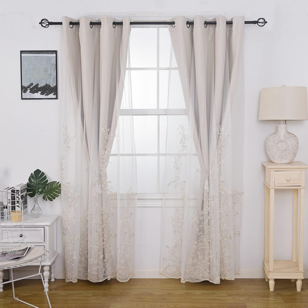 GYROHOME Double Layered Curtains with Embroidered White Sheer Tulle, Mix and Match Curtains Room Darkening Grommet Top Thermal Insulated Drapes,2Panels,52x84inch,Beige