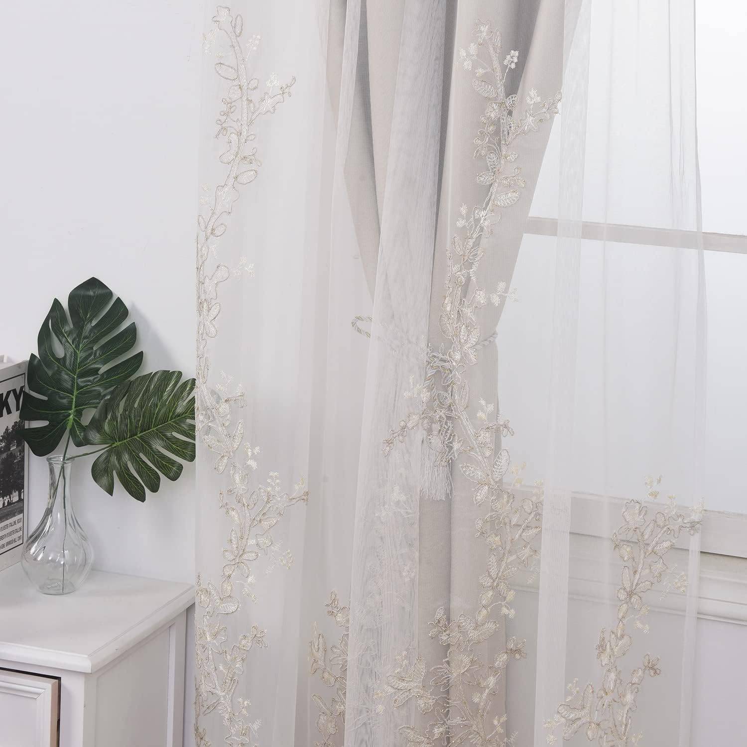 GYROHOME Double Layered Curtains with Embroidered White Sheer Tulle, Mix and Match Curtains Room Darkening Grommet Top Thermal Insulated Drapes,2Panels,52x84inch,Beige