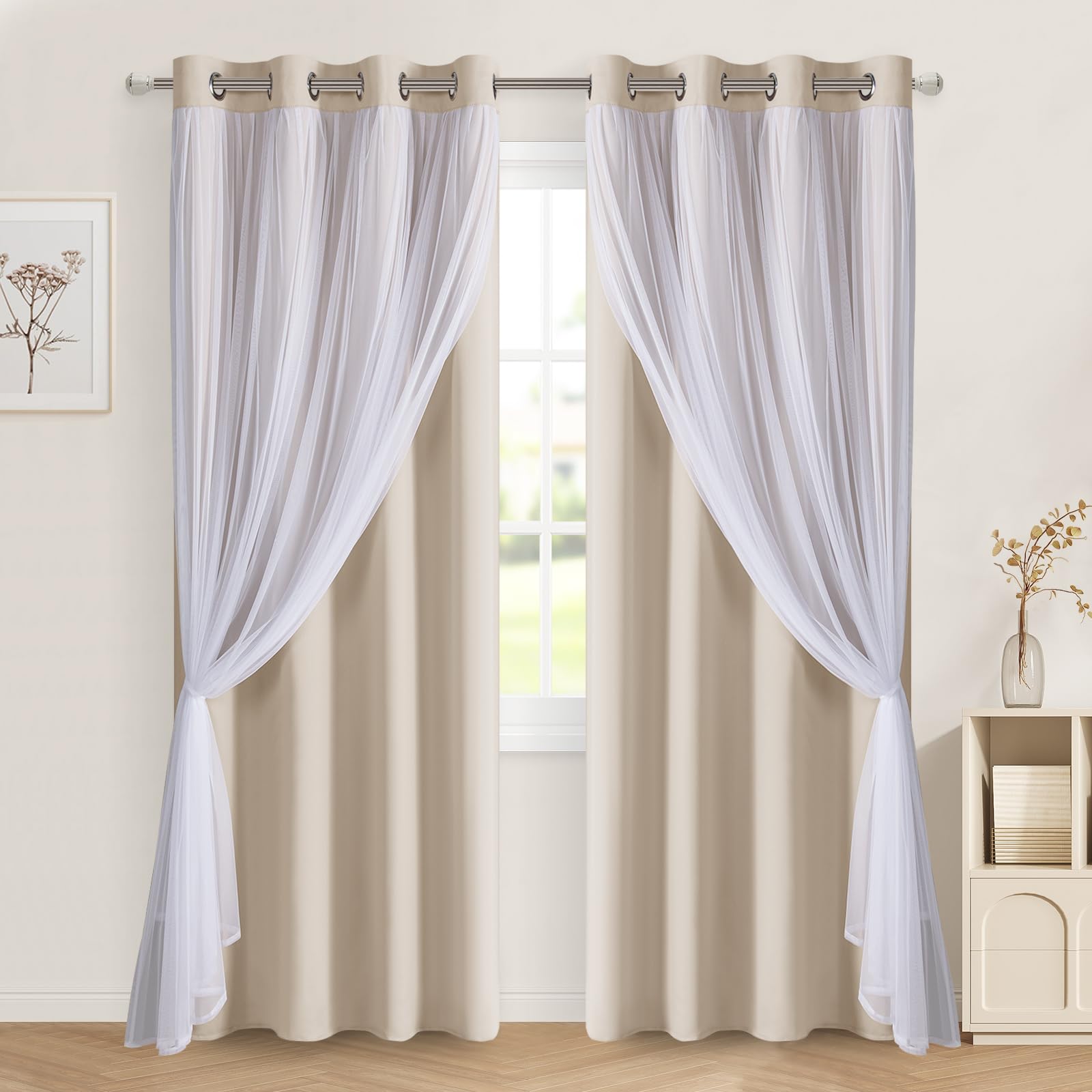 DWCN White Blackout Curtains with Sheer Overlay Thermal Insulated Mix & Match Double Layer Window Panels for Bedroom Living Room Drape Sewn with Tiebacks Grommet Top 52" Wx84 Lx2