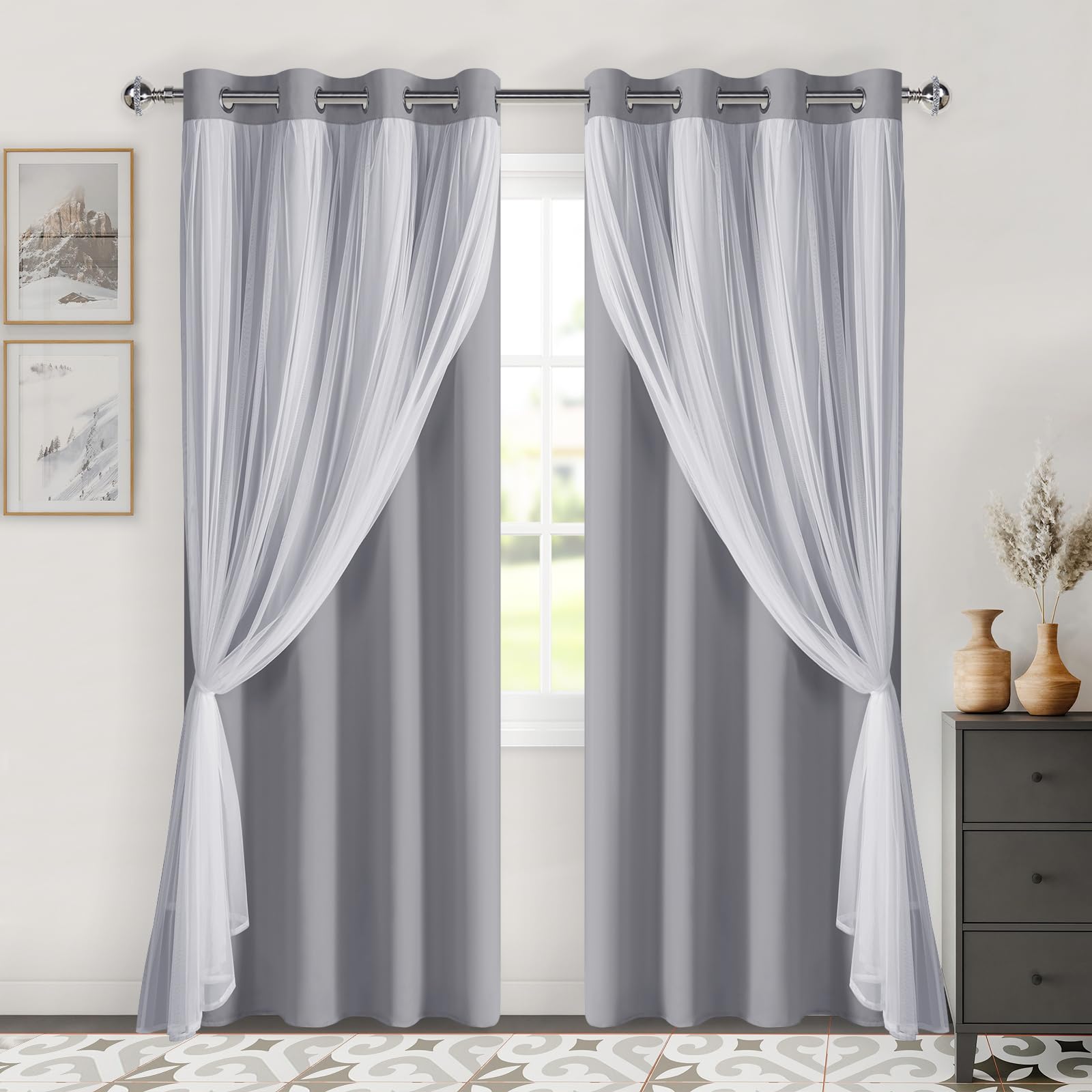 DWCN White Blackout Curtains with Sheer Overlay Thermal Insulated Mix & Match Double Layer Window Panels for Bedroom Living Room Drape Sewn with Tiebacks Grommet Top 52" Wx84 Lx2