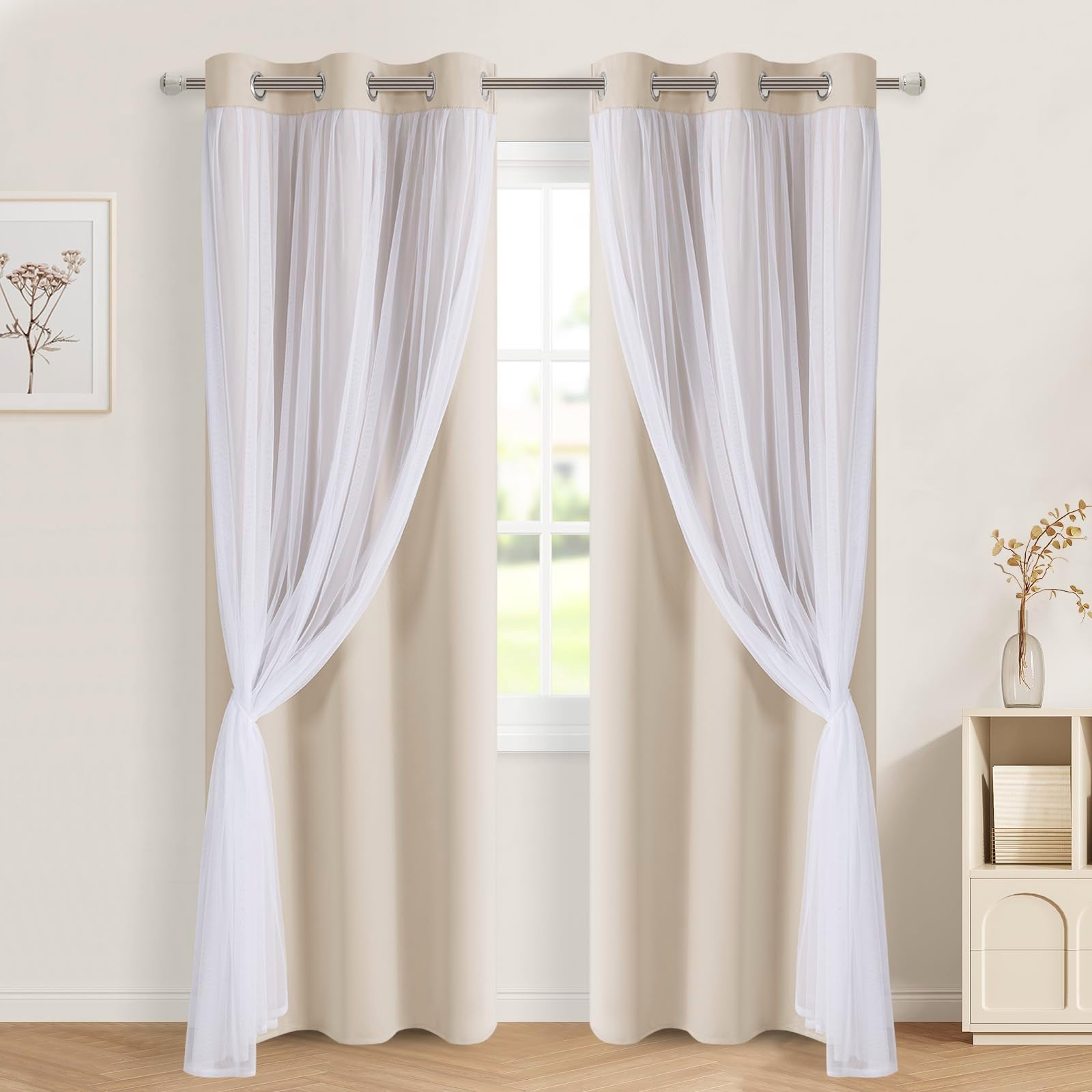 DWCN White Blackout Curtains with Sheer Overlay Thermal Insulated Mix & Match Double Layer Window Panels for Bedroom Living Room Drape Sewn with Tiebacks Grommet Top 52" Wx84 Lx2