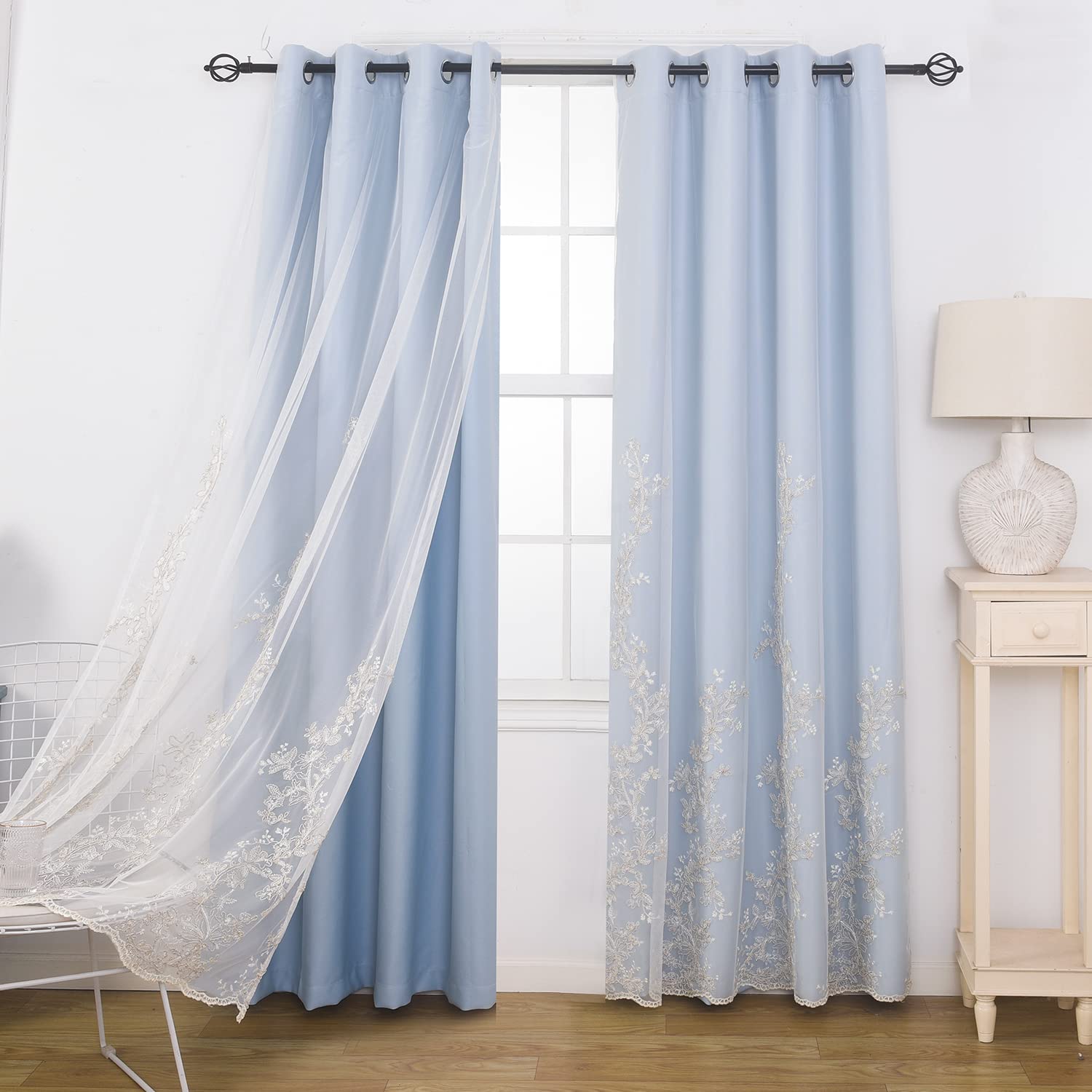 GYROHOME Double Layered Curtains with Embroidered White Sheer Tulle, Mix and Match Curtains Room Darkening Grommet Top Thermal Insulated Drapes,2Panels,52x84inch,Beige